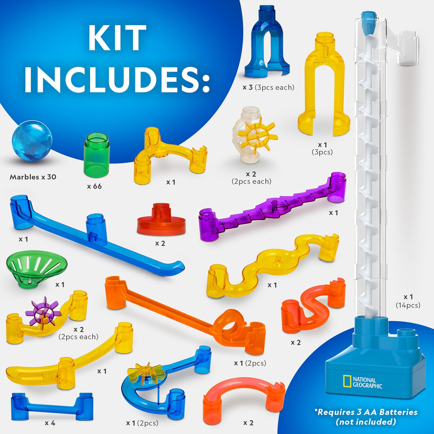 National Geographic Marble Run Kit – 150-Piece Motorized Spiral Lift Maze with 30 Marbles, Storage Bag & Kids Physics Toy