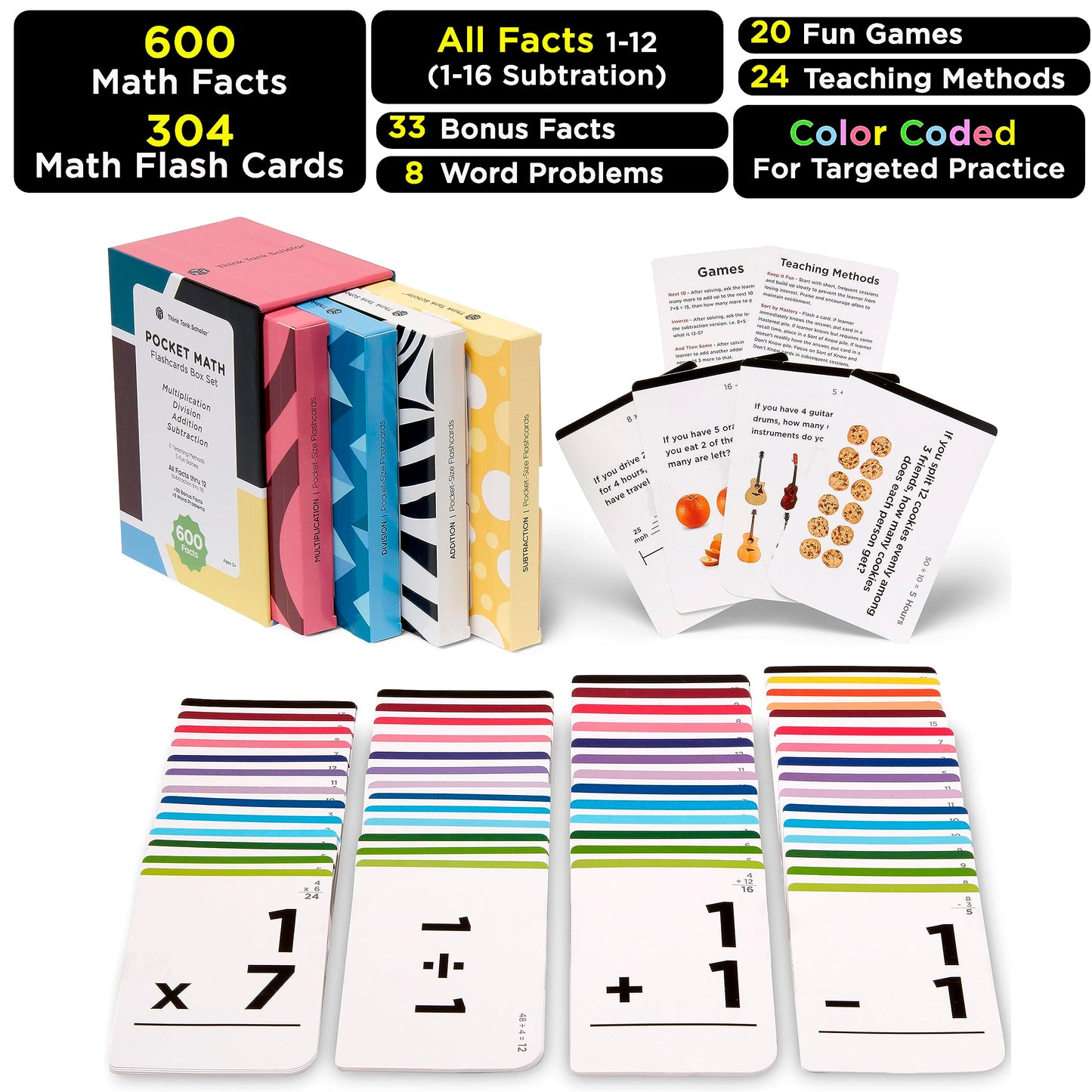 Math Flash Cards for Kids - 600 Facts: Addition, Subtraction, Multiplication & Division, 10 Games, Ages 5-10, Grades 1-6, Teacher-Approved