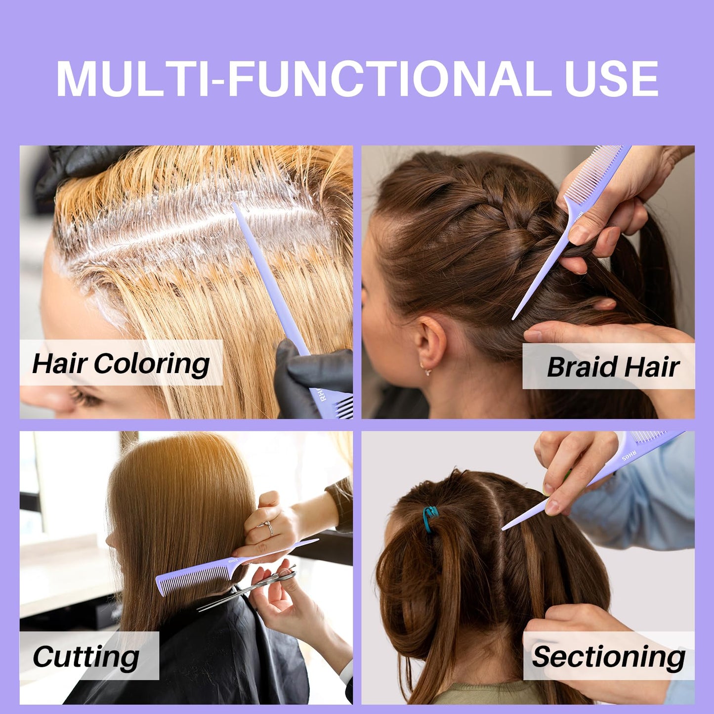 RHOS Rat Tail Comb for Parting, Fine Tooth Teasing Comb with Pick, 2 Pack Hair Styling Combs Set for Women and Men, Pink & Purple, Plastic, Unisex