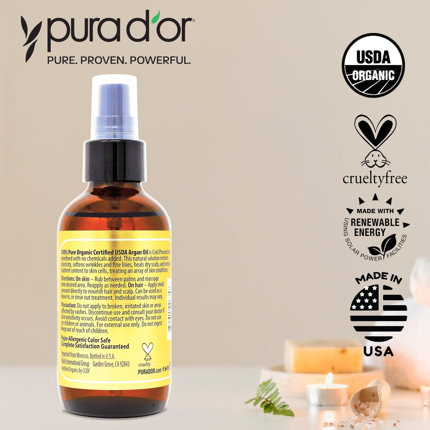 PURA D'OR Organic Moroccan Argan Oil 4 Oz | 100% Pure Cold Pressed USDA Certified | Moisturizer for Hair, Skin, Face, Body & Scalp