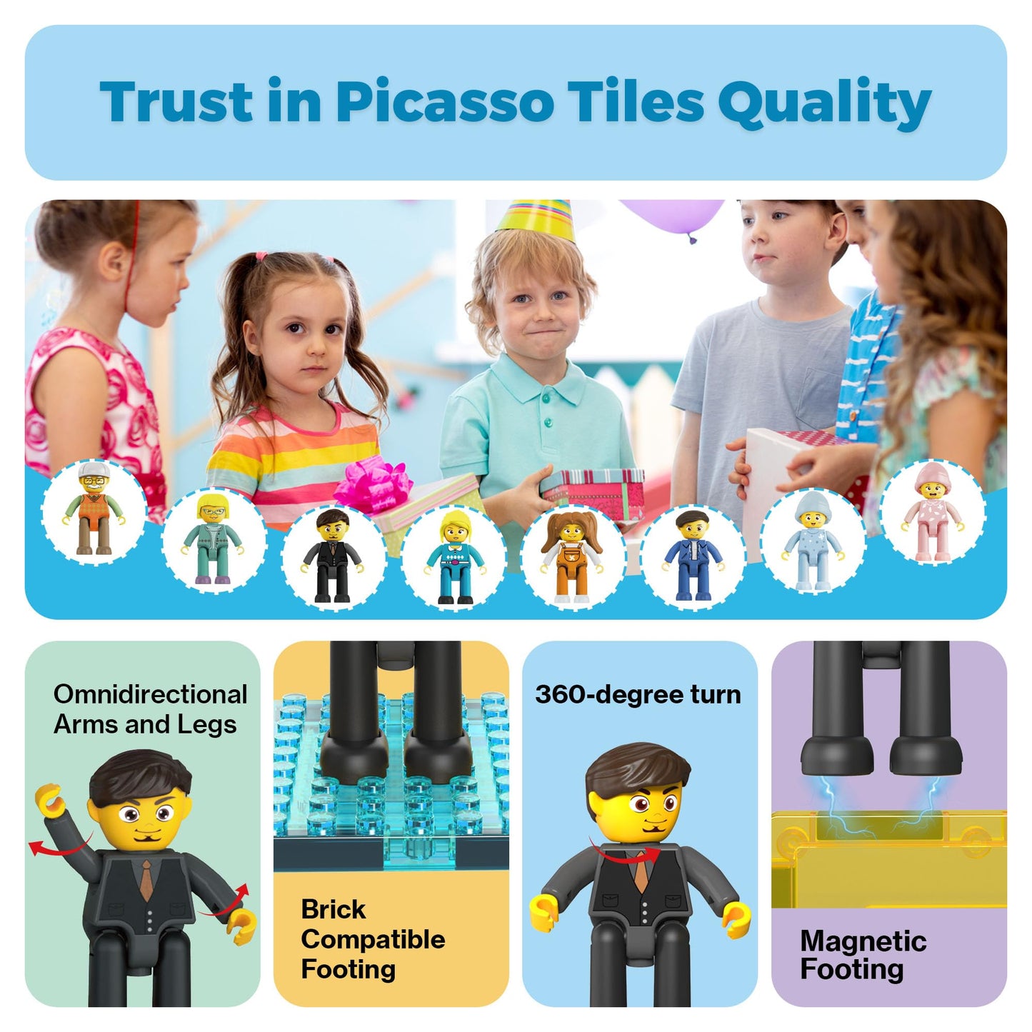 PicassoTiles 8-Piece Magnetic Action Figures Set – Family Characters for STEM, Creative Play & Magnet Tile Building Expansion, PTA11