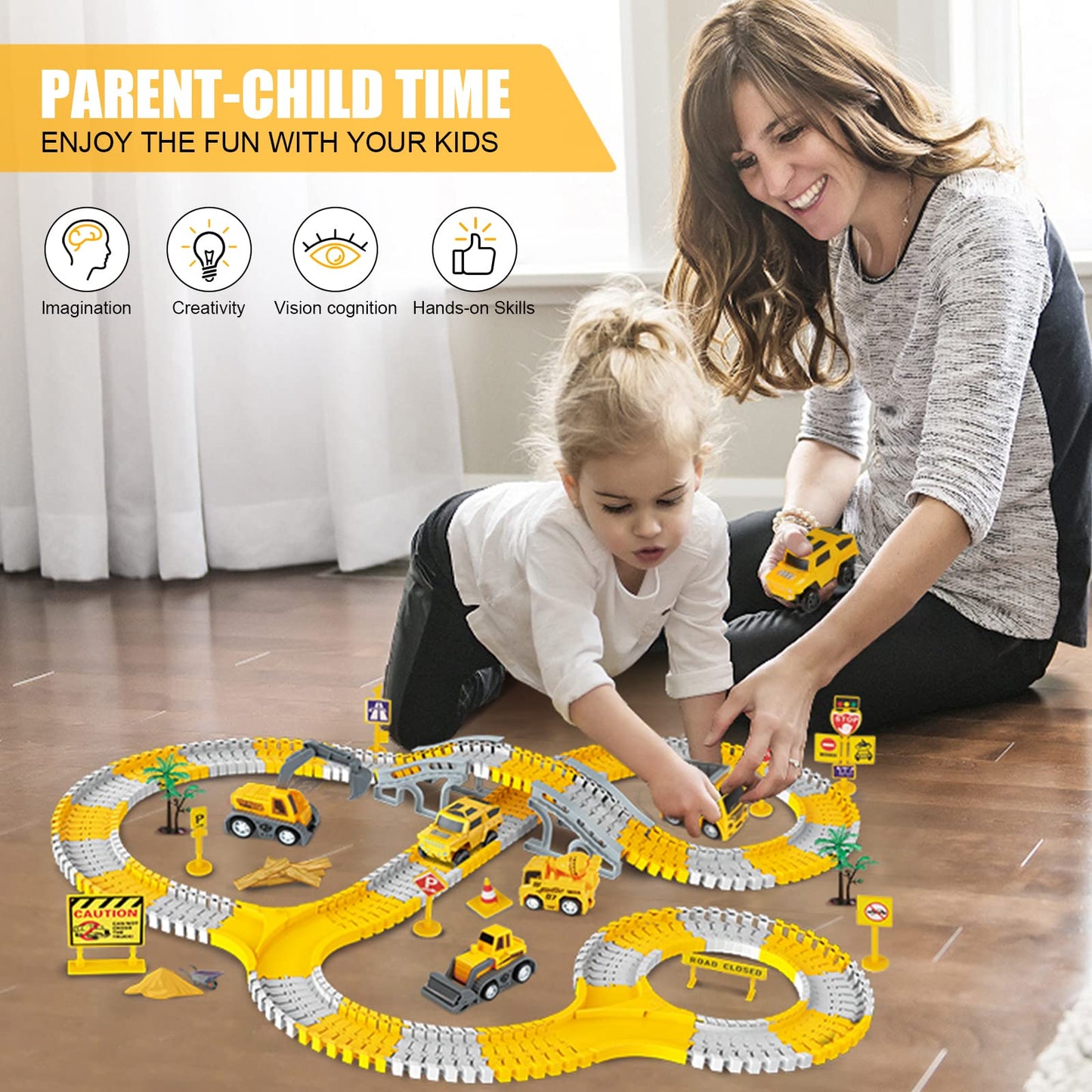 260 PCS Construction Race Track Set for Kids – 2 Electric Cars, 4 Construction Vehicles, Map & Flexible DIY Track, STEM Engineering Toy Ages 3-6
