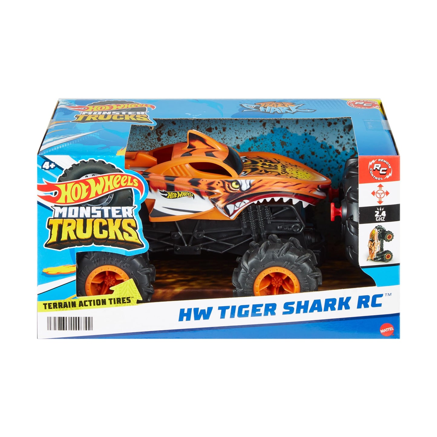 Hot Wheels Monster Trucks RC, 1:24 Scale Tiger Shark Vehicle, Oversized Remote-Control Toy Truck with Terrain Action Tires