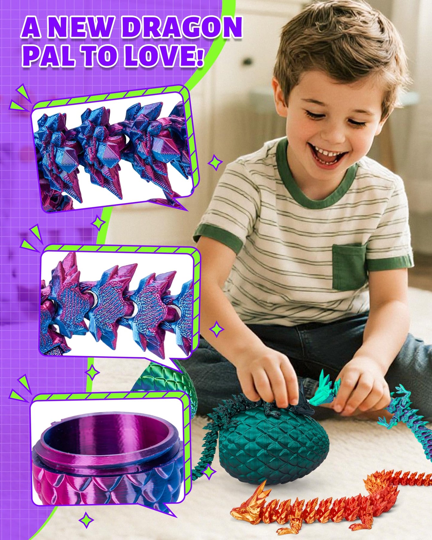 TBOLINE 12" 3D Printed Dragon Egg Toy – Articulated Crystal Dragon, Fidget & Dinosaur Egg for Kids Boys & Girls Ages 4-12