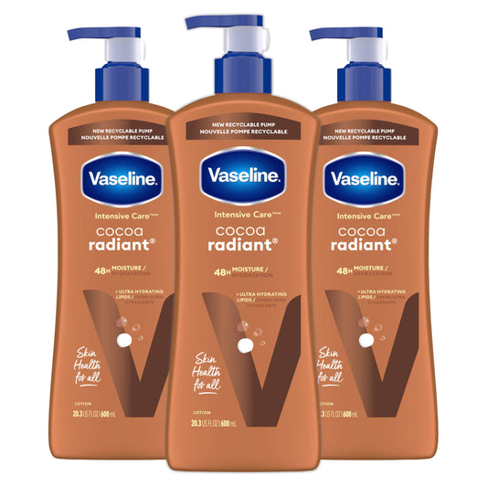 Vaseline Intensive Care Cocoa Radiant Body Lotion 3-Pack, 20.3 oz Each, Ultra-Hydrating with Cocoa Butter for Dry Skin & Radiant Glow