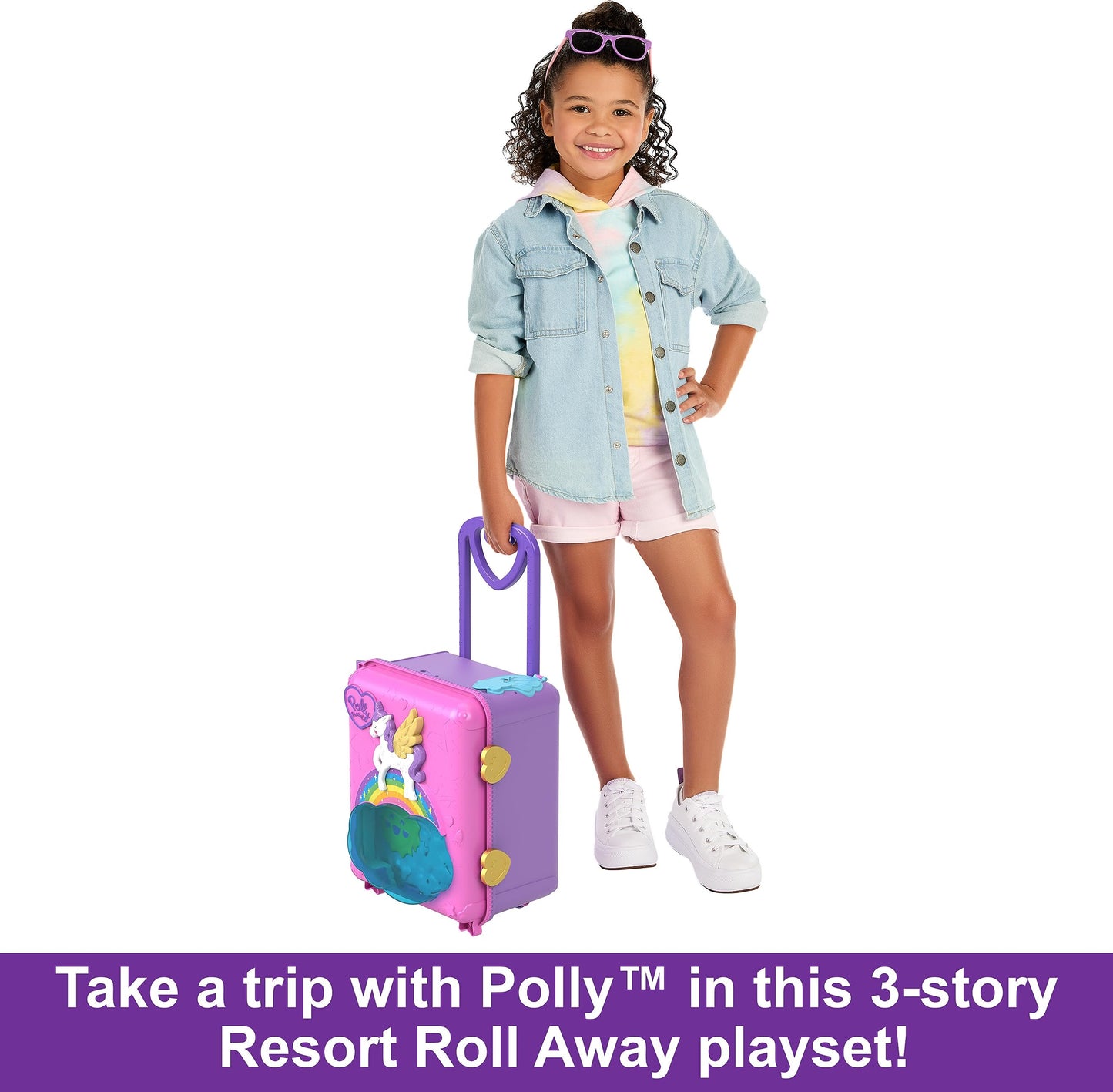 Polly Pocket Dolls, Playset and Travel Toys, 4 Dolls, 1 Vehicle, 25+ Accessories, Resort Roll Away (Amazon Exclusive)