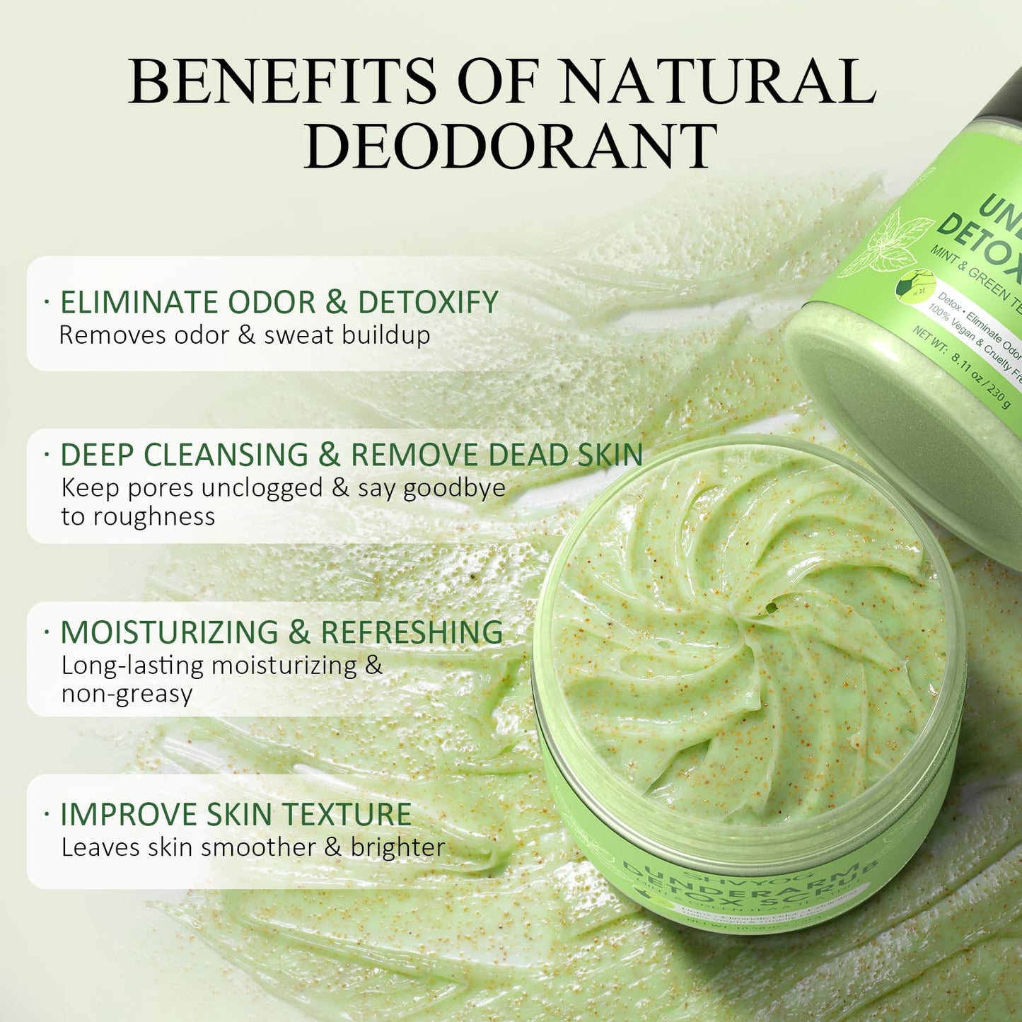 Underarm Detox Scrub – Green Tea, Mint & Tea Tree Deodorant, Natural Dark Armpit Remover, Odor Eliminating & Exfoliating, Unisex 8.11 oz