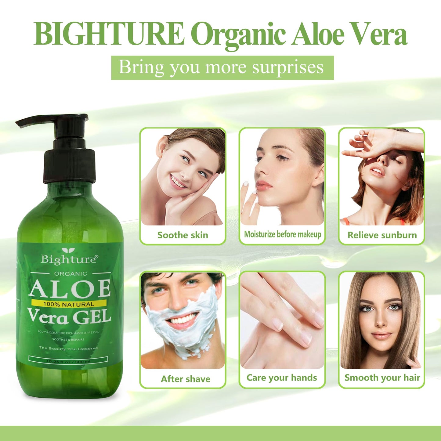 BIGHTURE 100% Aloe Vera Gel from Fresh Aloe Leaves – Soothing, Firming, After Shave & Sunburn Relief Skincare