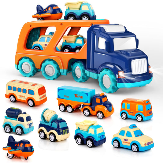9-Pack Pull-Back Cars & Big Transport Truck Toy Set for Toddlers 2-5 Years, Sound & Light Carrier Truck with 8 Small Trucks, Kids Gift