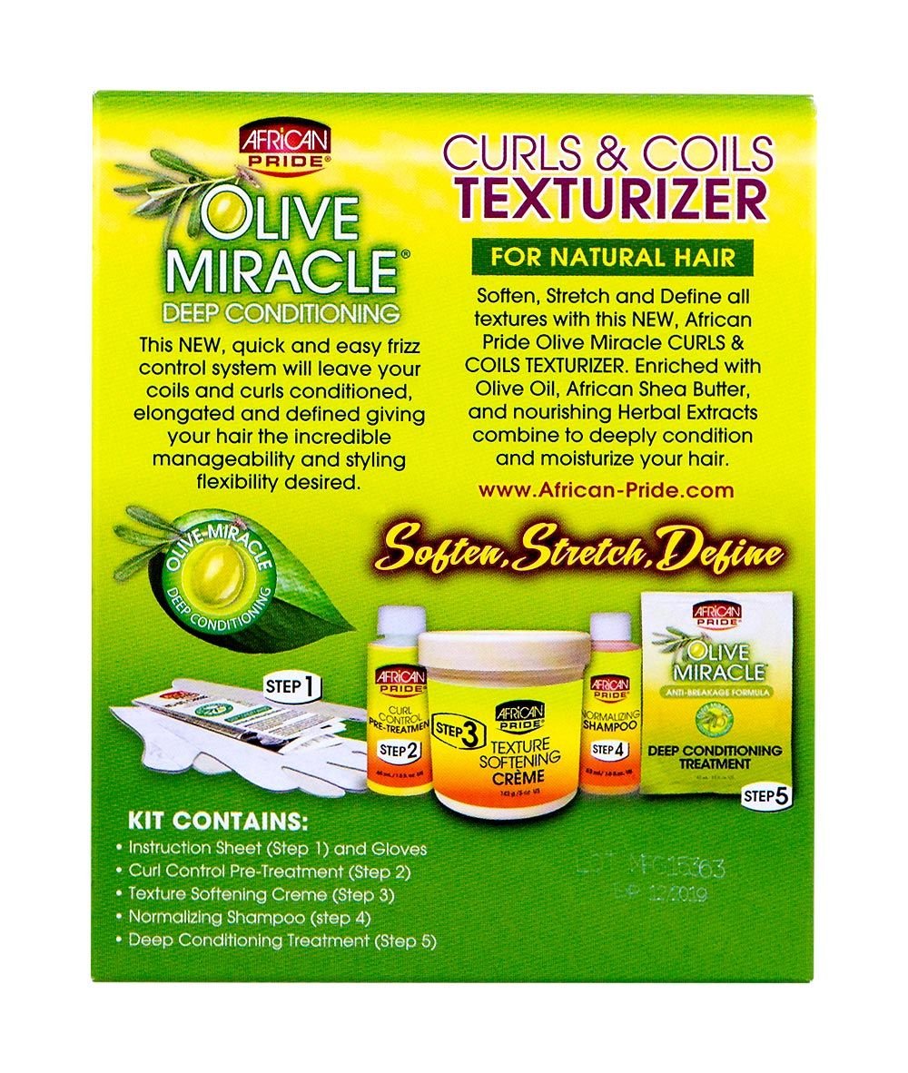 African Pride Olive Miracle Curls & Coils Texturizer - Contains Aloe Vera, Castor Oil & Biotin to Condition & Define Hair, Protect, 1 Kit