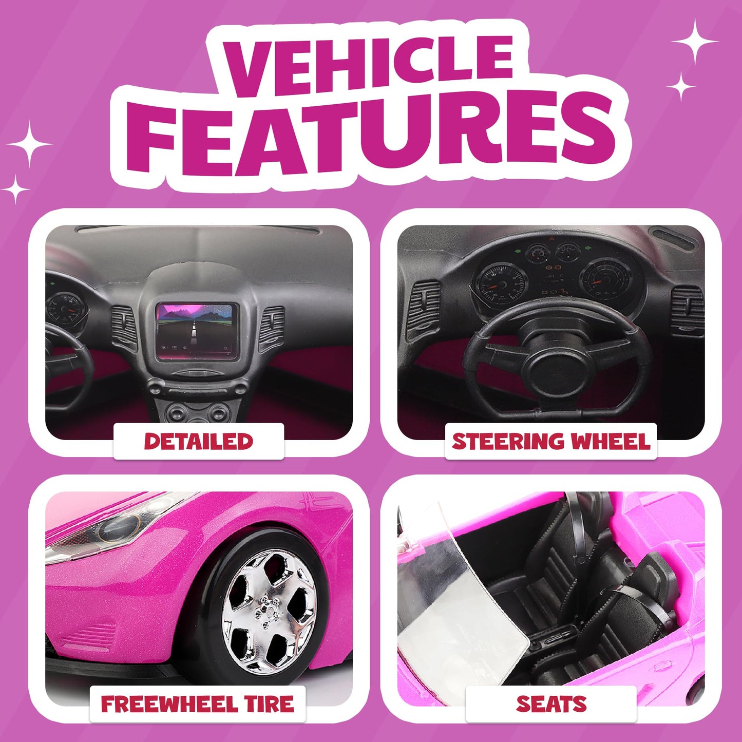 Liberty Imports Doll-Sized Convertible Car for Dolls – 2-Seater Pink Vehicle with Rolling Wheels, Seat Belts w/ Two 11.5" Dolls Included