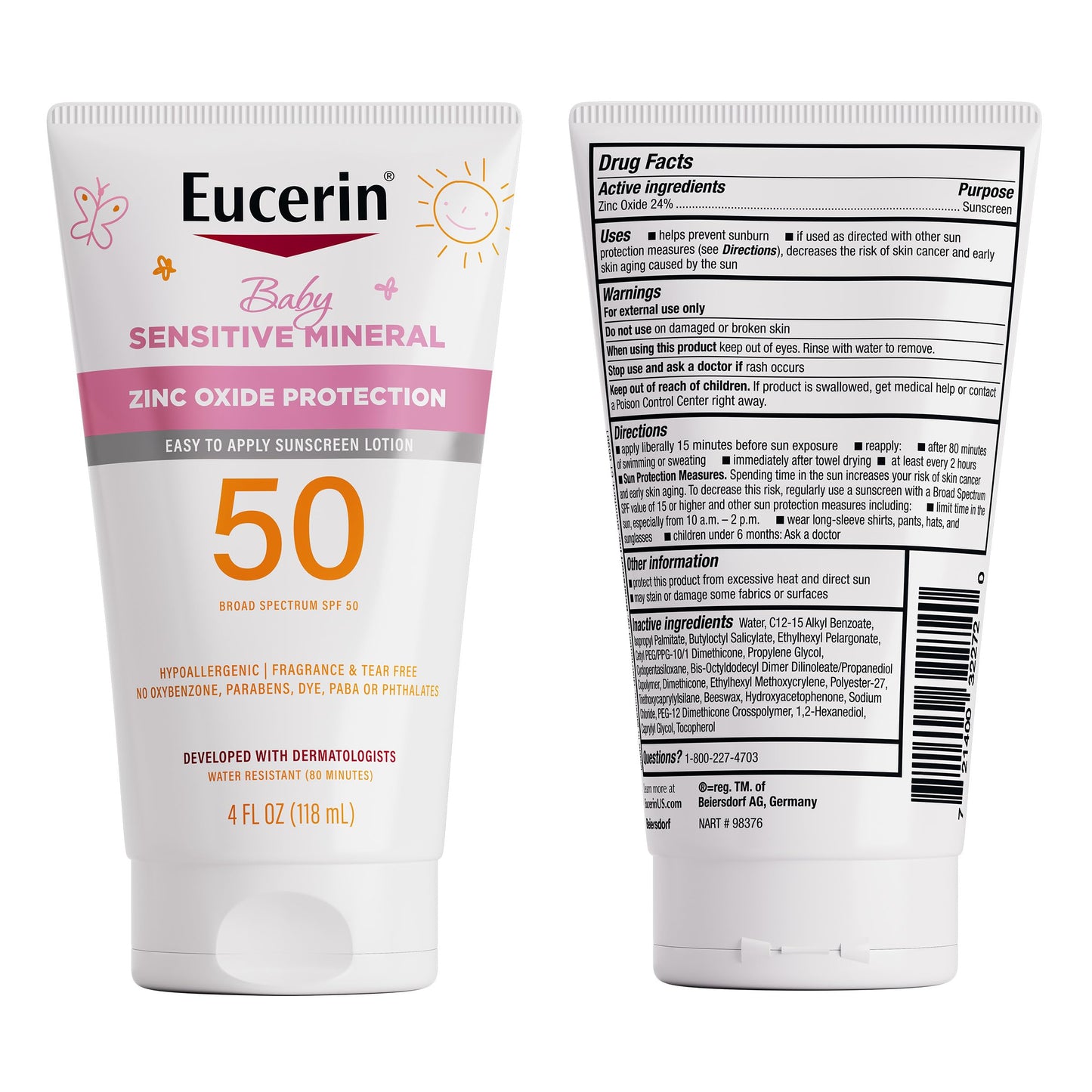 Eucerin Baby Sunscreen SPF 50 Mineral Lotion – Hypoallergenic, Tear-Free, Fragrance-Free, Zinc Oxide Protection, 4 Fl Oz