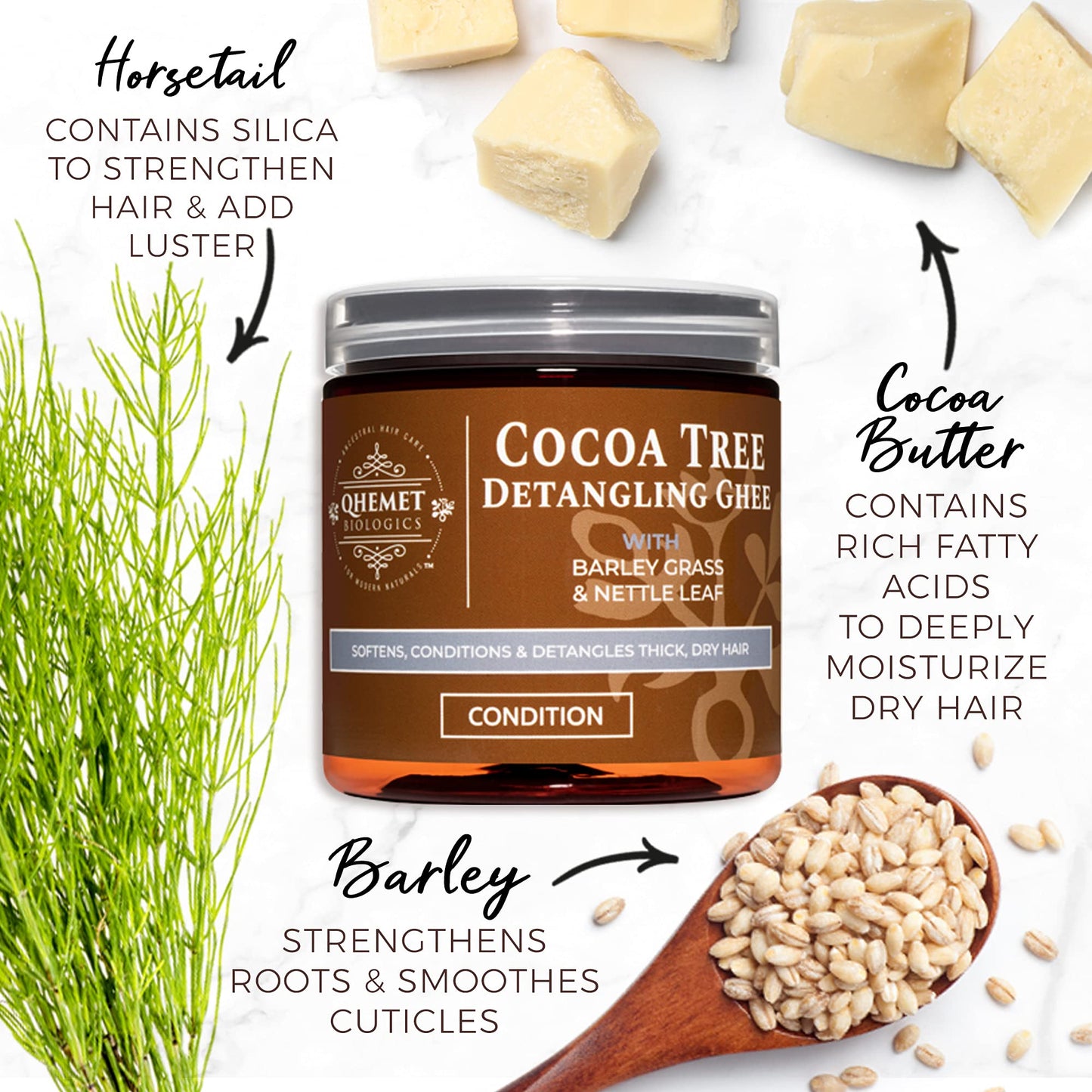Qhemet Biologics Cocoa Tree Detangling Ghee – Softening Leave-In for 4C-3C Hair, Restores Elasticity & Shine, Eases Combing, 9 oz
