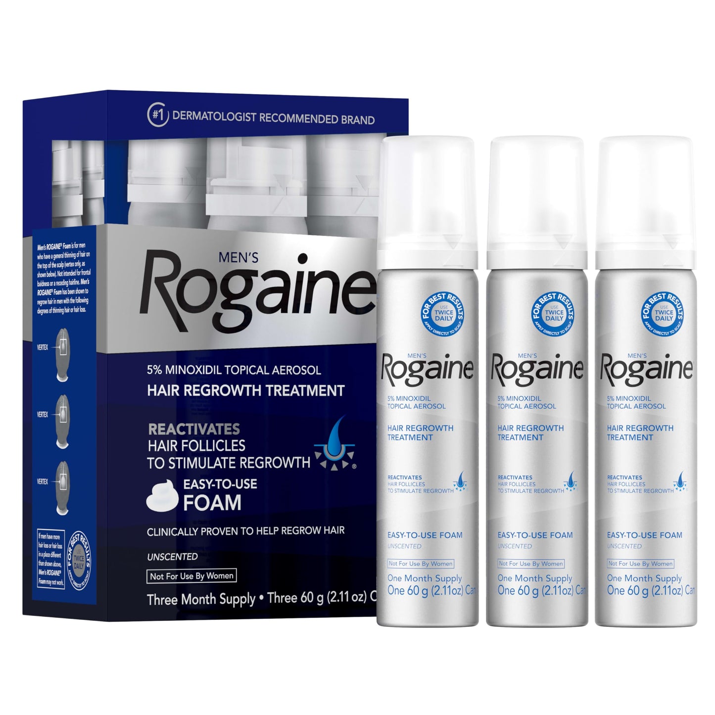 Men’s Rogaine 5% Minoxidil Foam for Thinning Hair – Clinically Proven Hair Regrowth Treatment, Unscented, 3-Month Supply (3 x 2.11 oz)