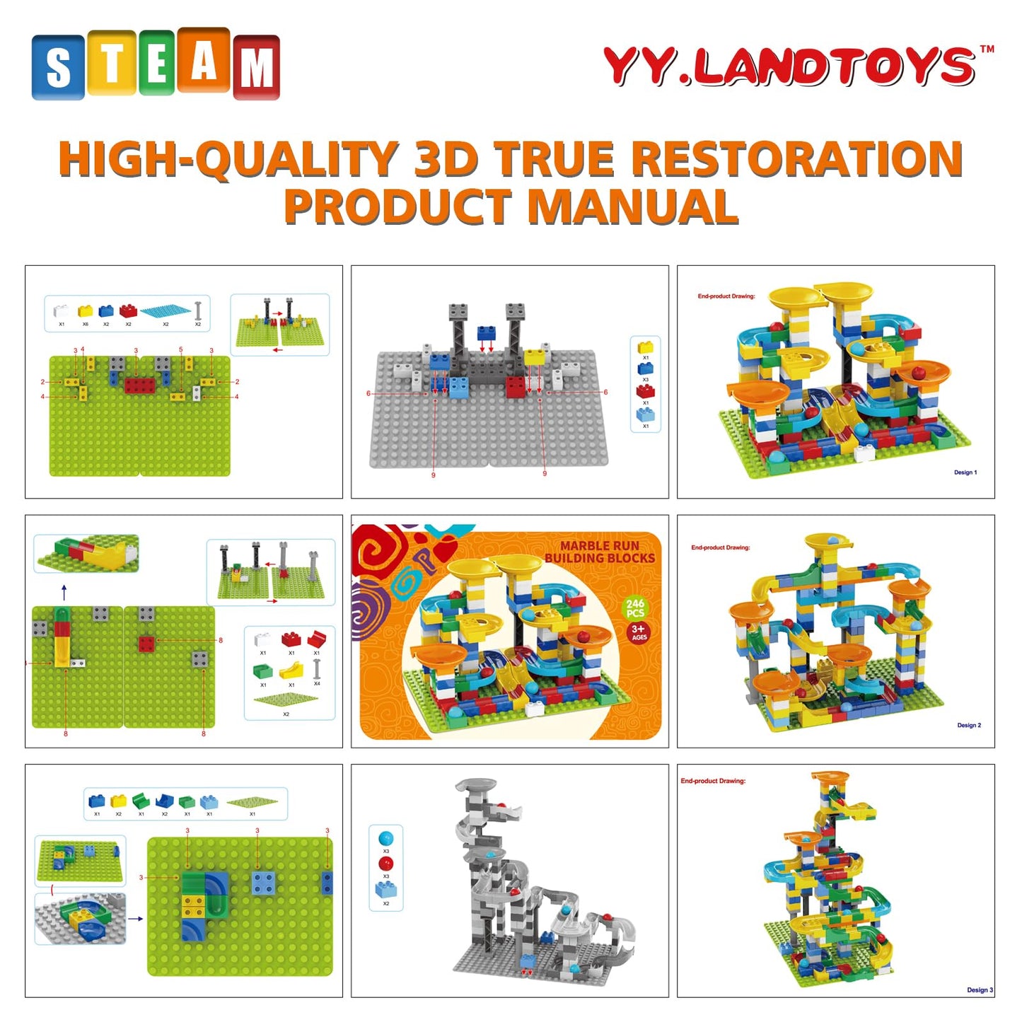 3-in-1 Marble Run Building Blocks for Kids 4-8 – 246PCS STEM Toy Set, Marble Maze Race Track, Compatible with LEGO & DUPLO