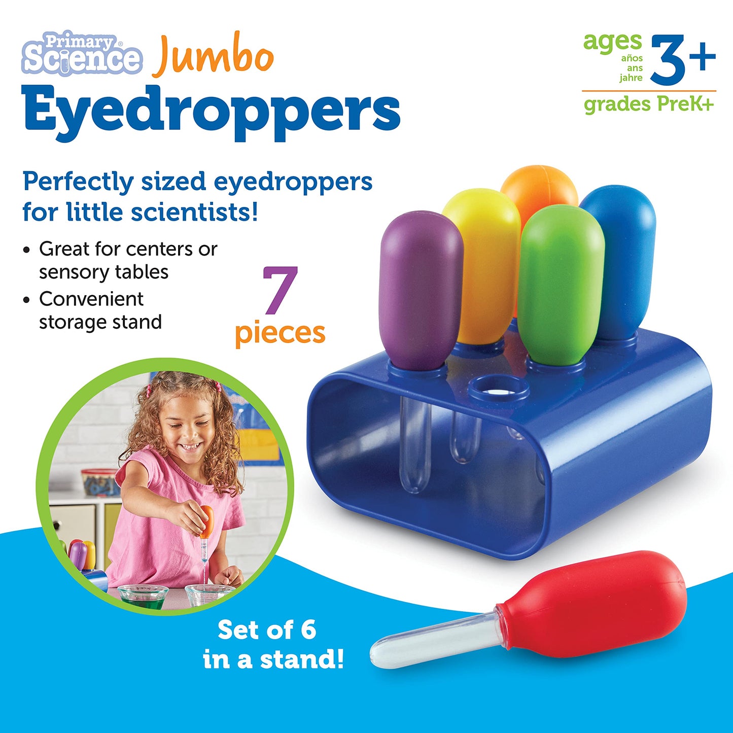 Learning Resources Jumbo Colorful Eyedroppers, Set of 6 with Stand – Science, Sensory & STEM Tools for Kids Ages 3+, Classroom & Home