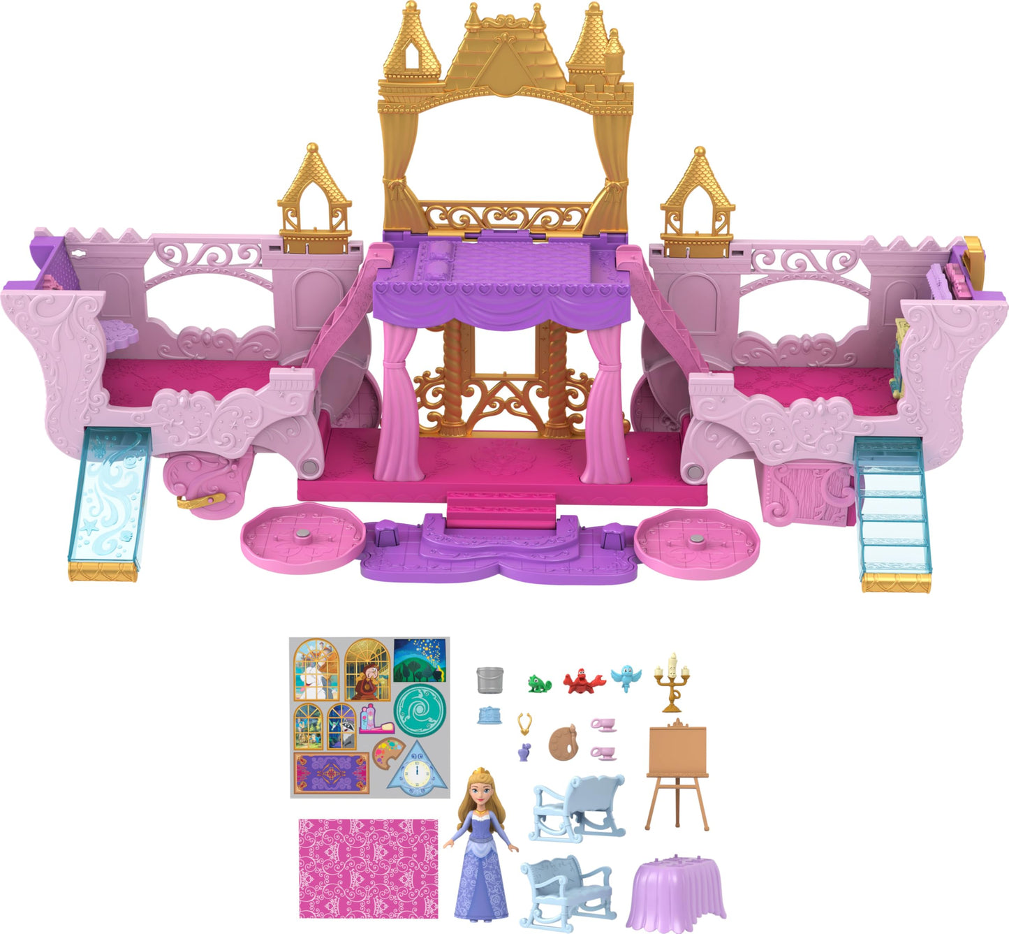 Mattel Disney Princess Toys, Carriage to Castle Transforming Playset with Aurora Small Doll, 4 Figures, Furniture & Accessories
