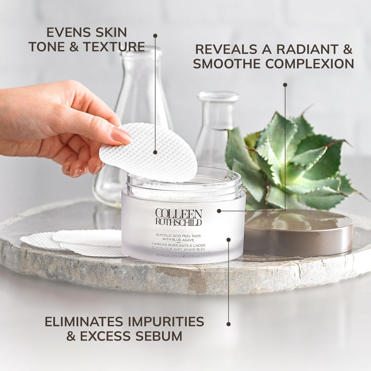 COLLEEN ROTHSCHILD Glycolic Acid Peel Pads with Blue Agave – Gentle Spa-Strength Exfoliating Treatment to Brighten & Smooth Skin, 60 Pads