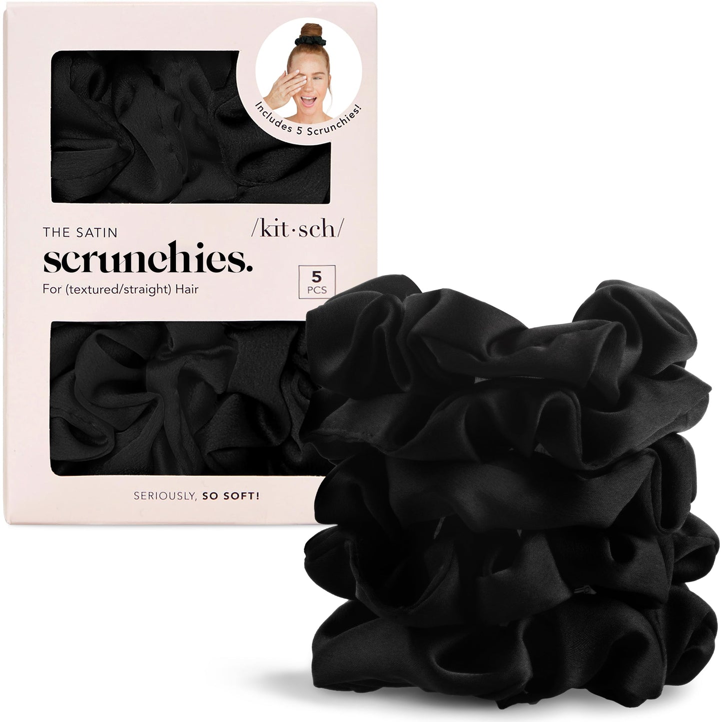Kitsch Satin Scrunchies for Women – 5 Pcs Black No-Crease Hair Ties – Soft, Frizz-Free, Gentle & Stylish Hair Accessories – Perfect Gift for Girls