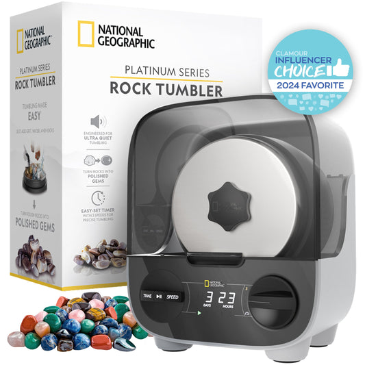 National Geographic Platinum Series Rock Polisher Kit - Ultra Quiet 2 lb Barrel Tumbler with Rocks, Grit & GemFoam for Kids & Adults