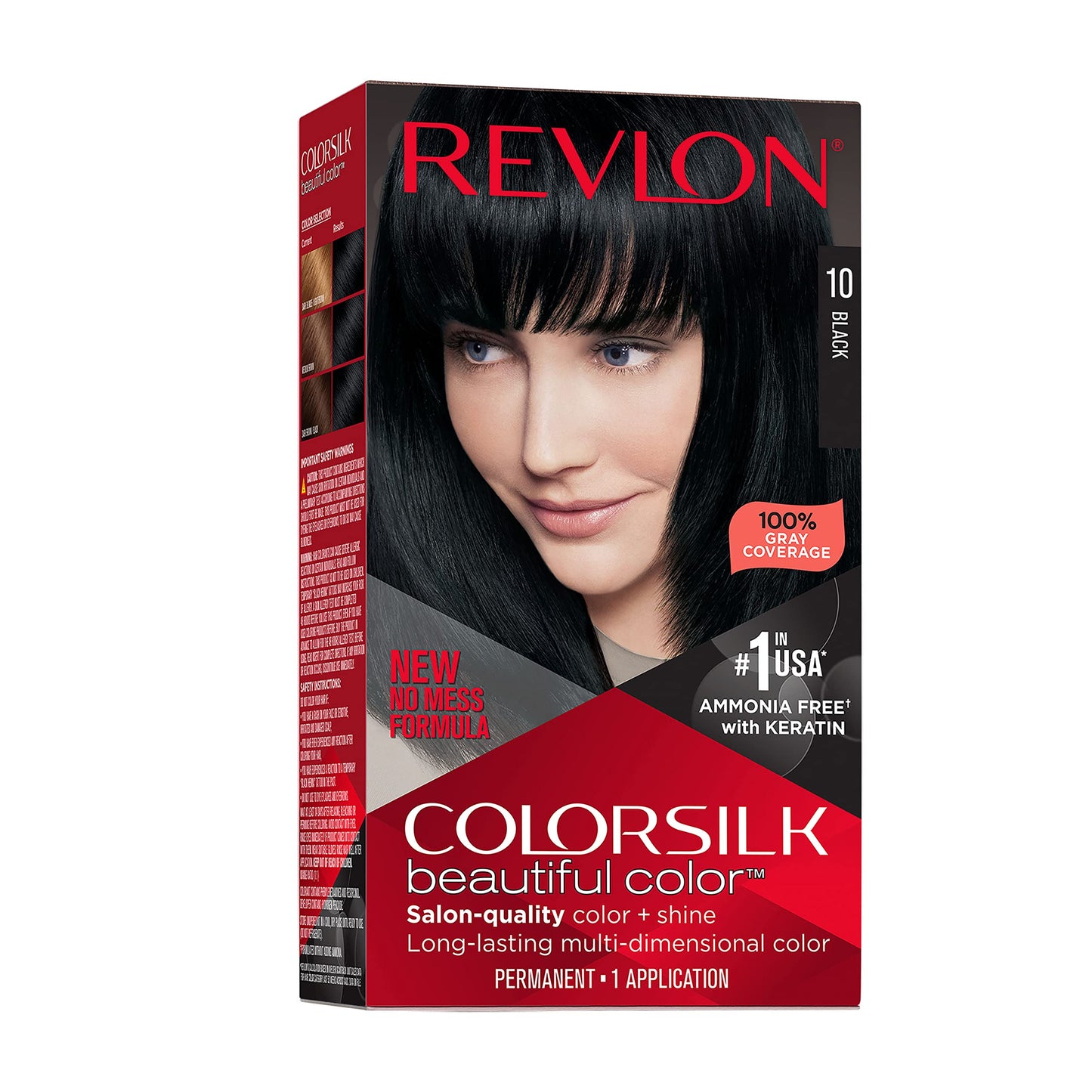 Revlon Colorsilk Beautiful Color 010 Black Hair Dye – Ammonia-Free Permanent Color for 100% Gray Coverage, Shine & Silky Soft Hair, 1 Pack