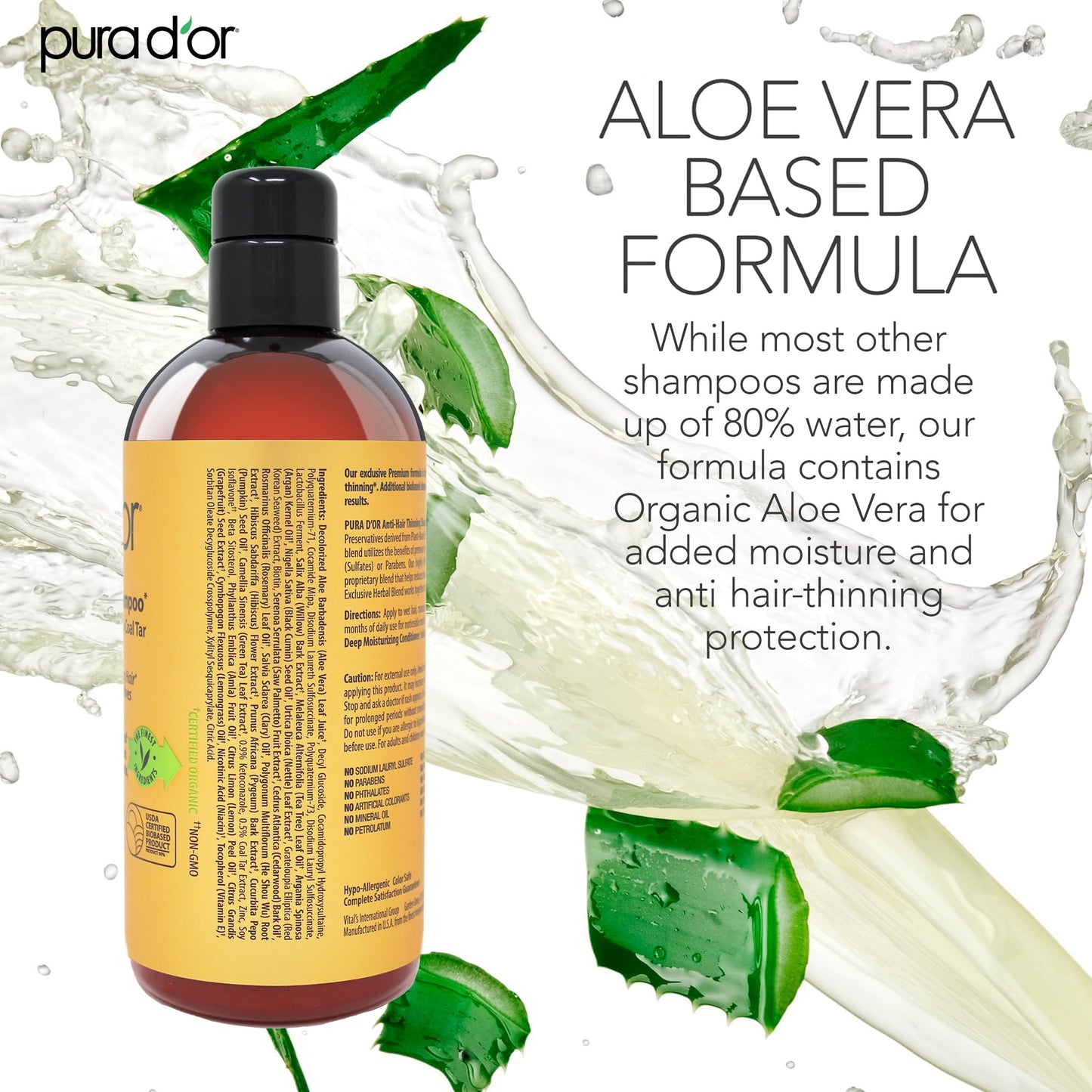 PURA D'OR MD Anti-Hair Thinning Shampoo 16oz – 0.5% Coal Tar, Biotin & Herbal Blend for Dry, Itchy Scalp – Sulfate-Free for Men & Women