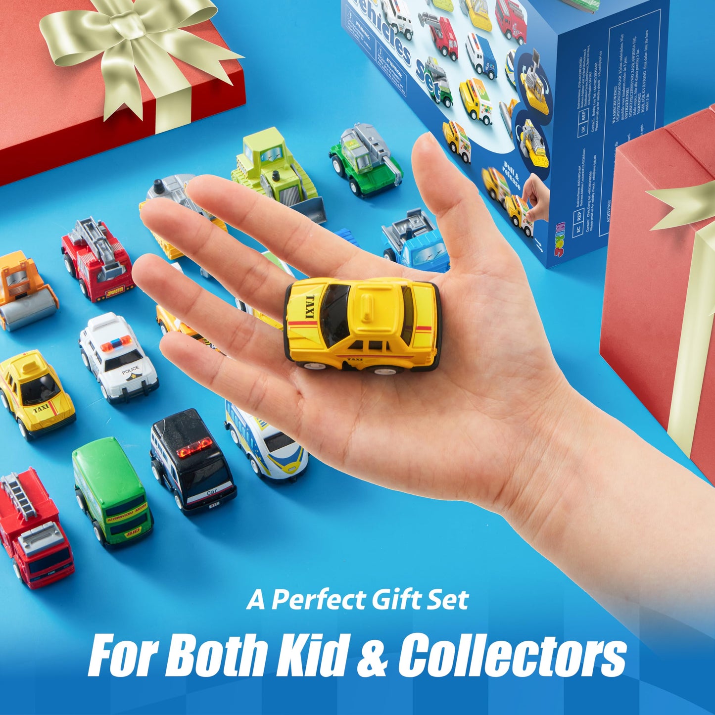 JOYIN 18-Pc Pull Back Cars & Trucks Toy Set – Friction Powered Vehicles for Toddlers Boys & Girls, Educational Play, Stocking Stuffers & Classroom Gifts