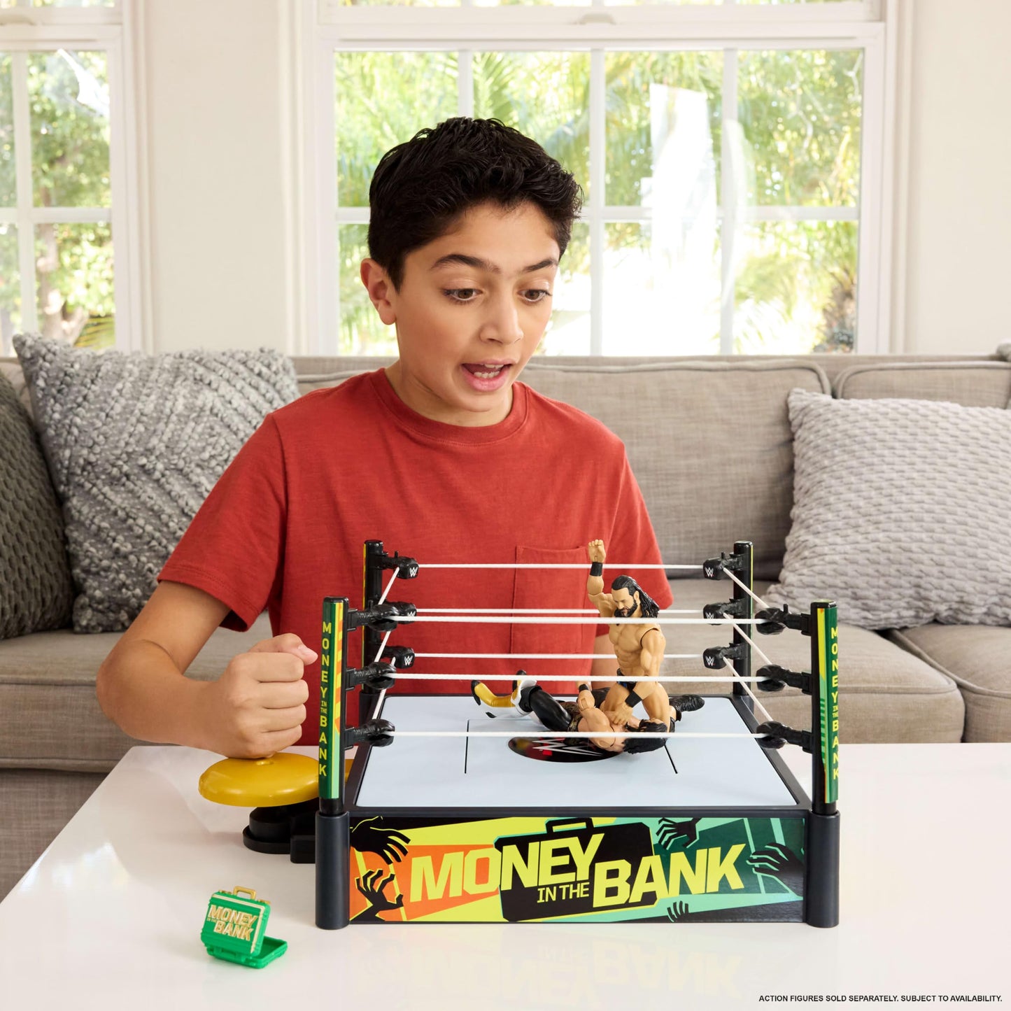 Mattel WWE Money in The Bank Cash-in Ring Playset with 2 Modes, 40+ Sounds & Phrases, Ladders, Briefcase & Launcher Crane, 13"x20"