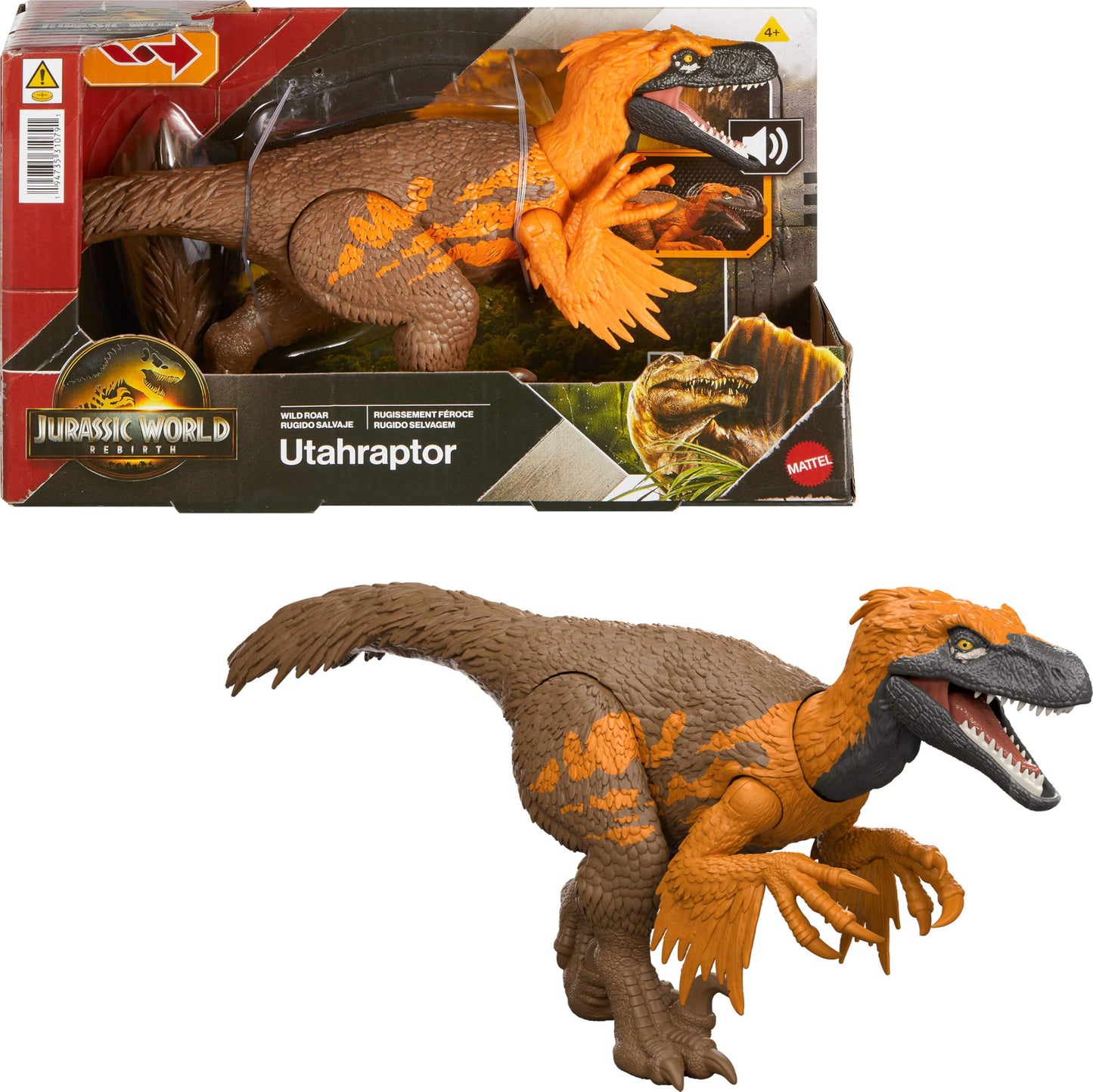 Mattel Jurassic World Rebirth Wild Roar Utahraptor Dinosaur Toy with Tail-Controlled Chomp Multi-Direction Attack & Sound, Posable & Digital Play