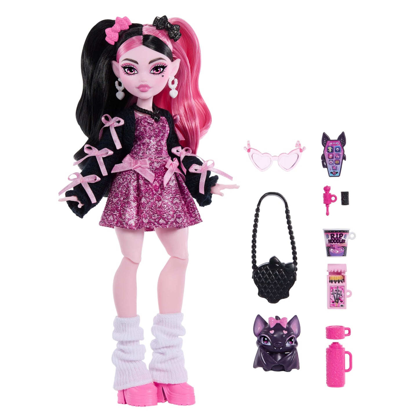 Monster High Doll, Draculaura in Pink Bow Dress and Black Cardigan with Pet Bat Count Fabulous and 7 Accessories Like Ramen, Lipstick and Purse
