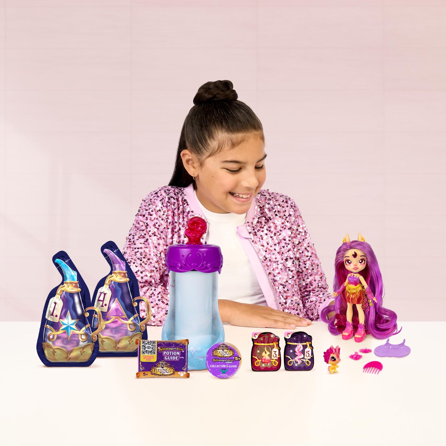 Magic Mixies Pixlings Deluxe Pack - Pippa the Firehorse, Shimmer Reveal 6.5" Pixling Doll with Exclusive Mini Mixies & 6 Hair Accessories