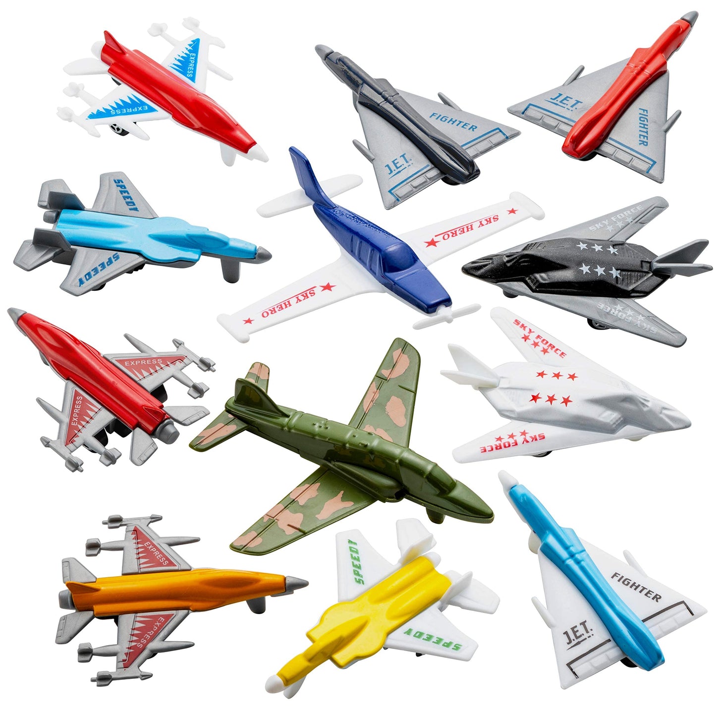 Airplane Toys 12-Pack Playset – Bomber, Military & F-16 Fighter Jets, Birthday Party Favors for Kids Boys & Girls (Styles May Vary)