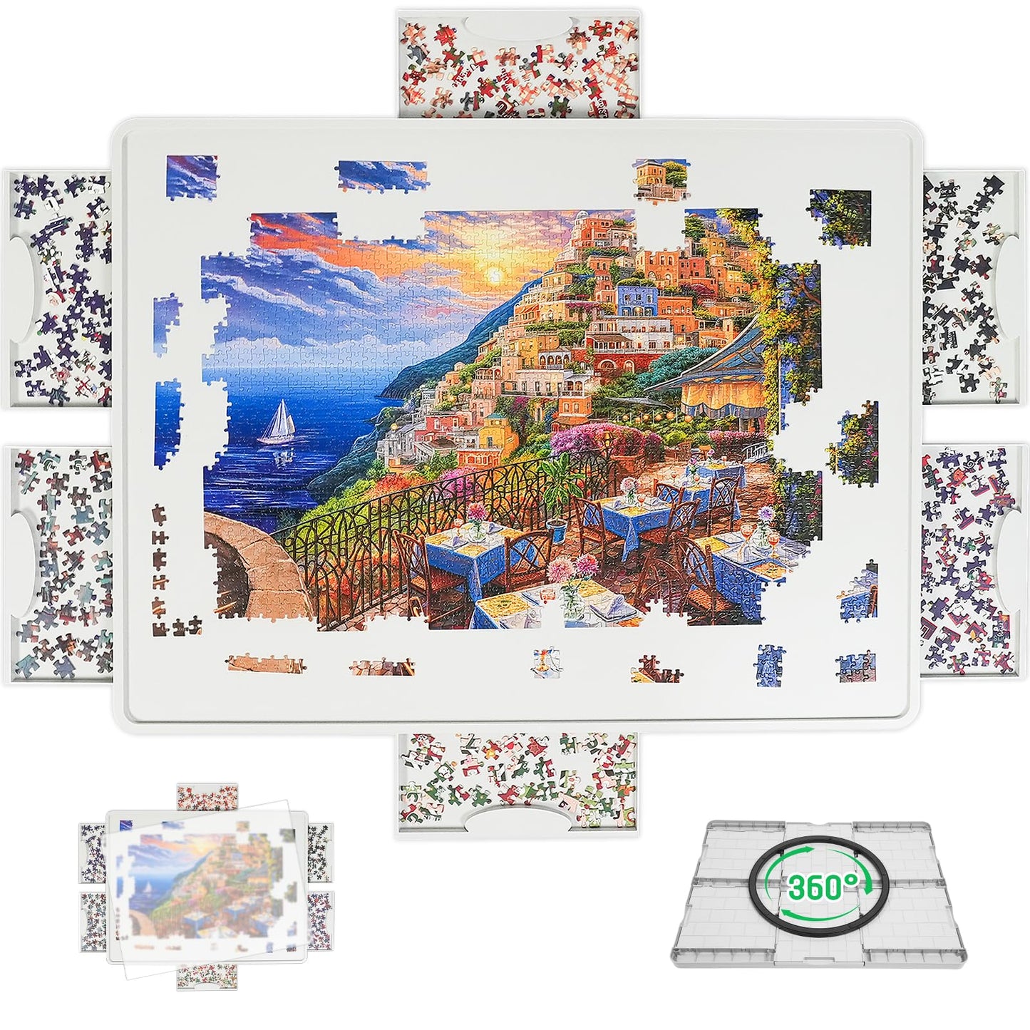 BuilderButler 1500-Piece Rotating Puzzle Board – 360° Lazy Susan with 6 Sliding Drawers & Cover, 34.25"x26.38" Portable Puzzle Table, Gift