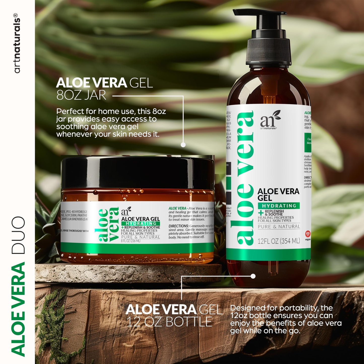 ArtNaturals Aloe Vera Gel Set, 20oz Jumbo – Soothes Sunburn, Hydrates Face, Body & Hair – Calming After-Sun Moisturizer, Freshly Harvested