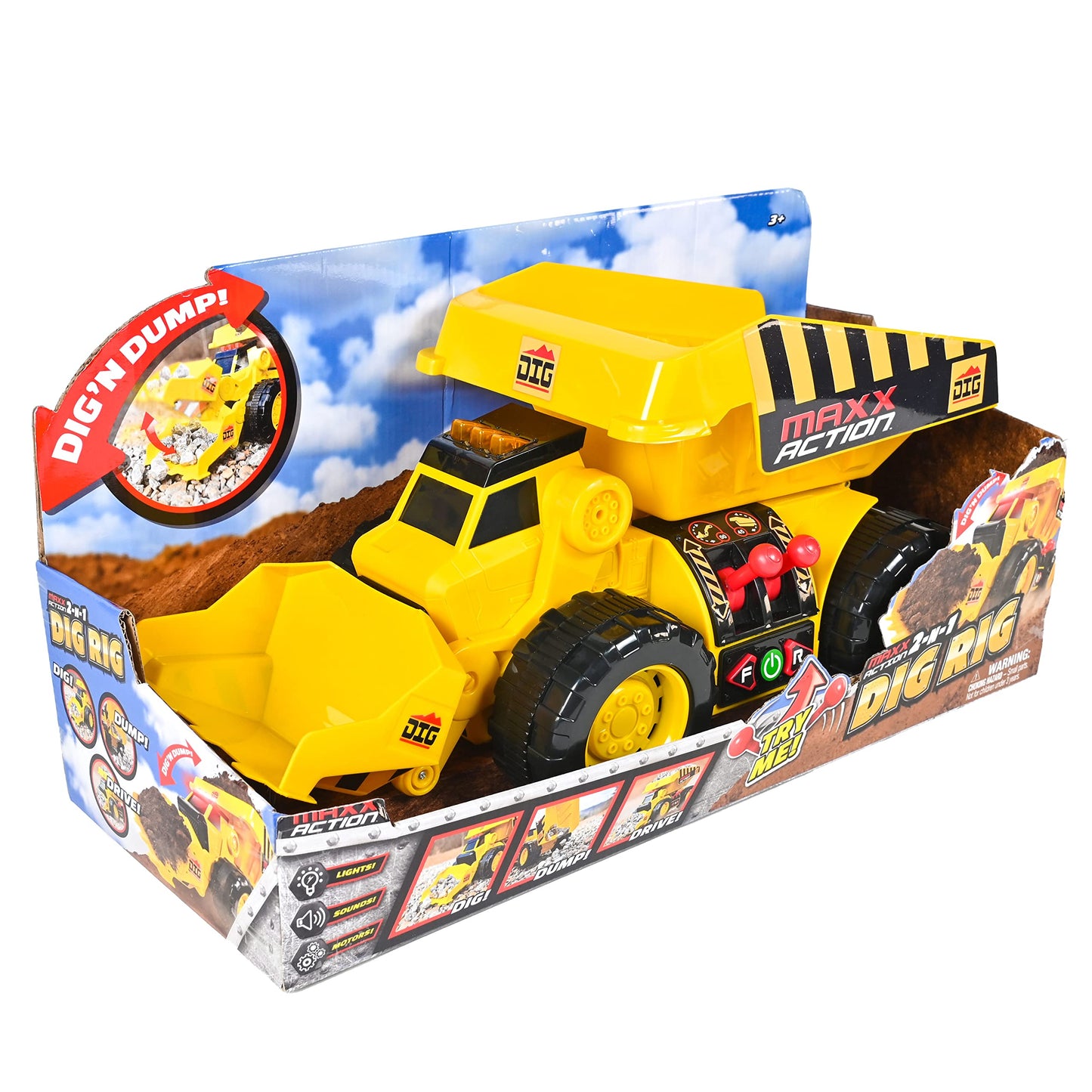 Maxx Action 19” 2-in-1 Motorized Dig Rig Excavator & Dump Truck Toy with Joystick Control, Lights & Sounds | Construction Vehicle Toy for Kids 3+