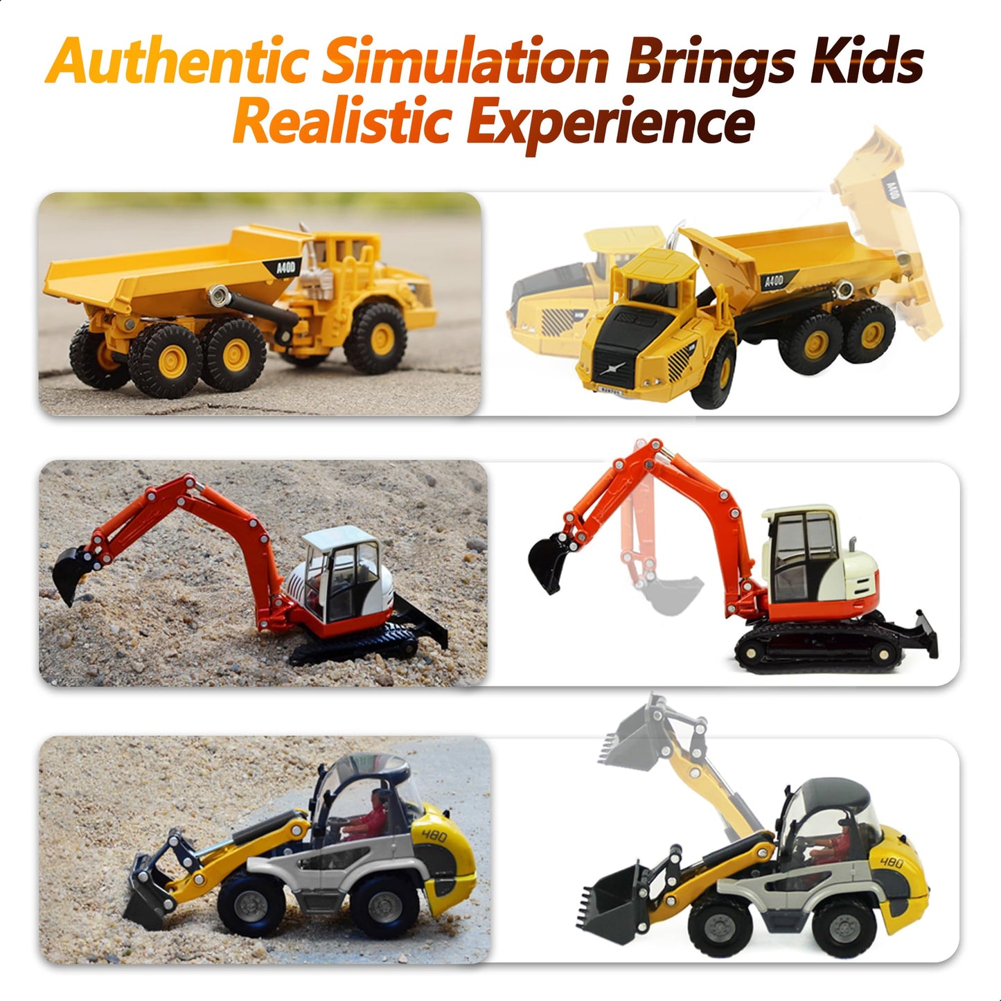 iPlay iLearn Heavy Duty Construction Playset with Metal Dump Truck, Excavator, Bulldozer & Tractor - Outdoor Sandbox Toy for Kids 3-5