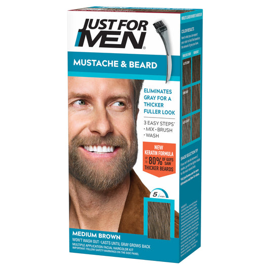 Just For Men Mustache & Beard Color, Medium Brown M-35 | Gray Hair Dye with Brush | Enriched with Keratin, Biotin, Aloe & Coconut Oil, 1 Pack