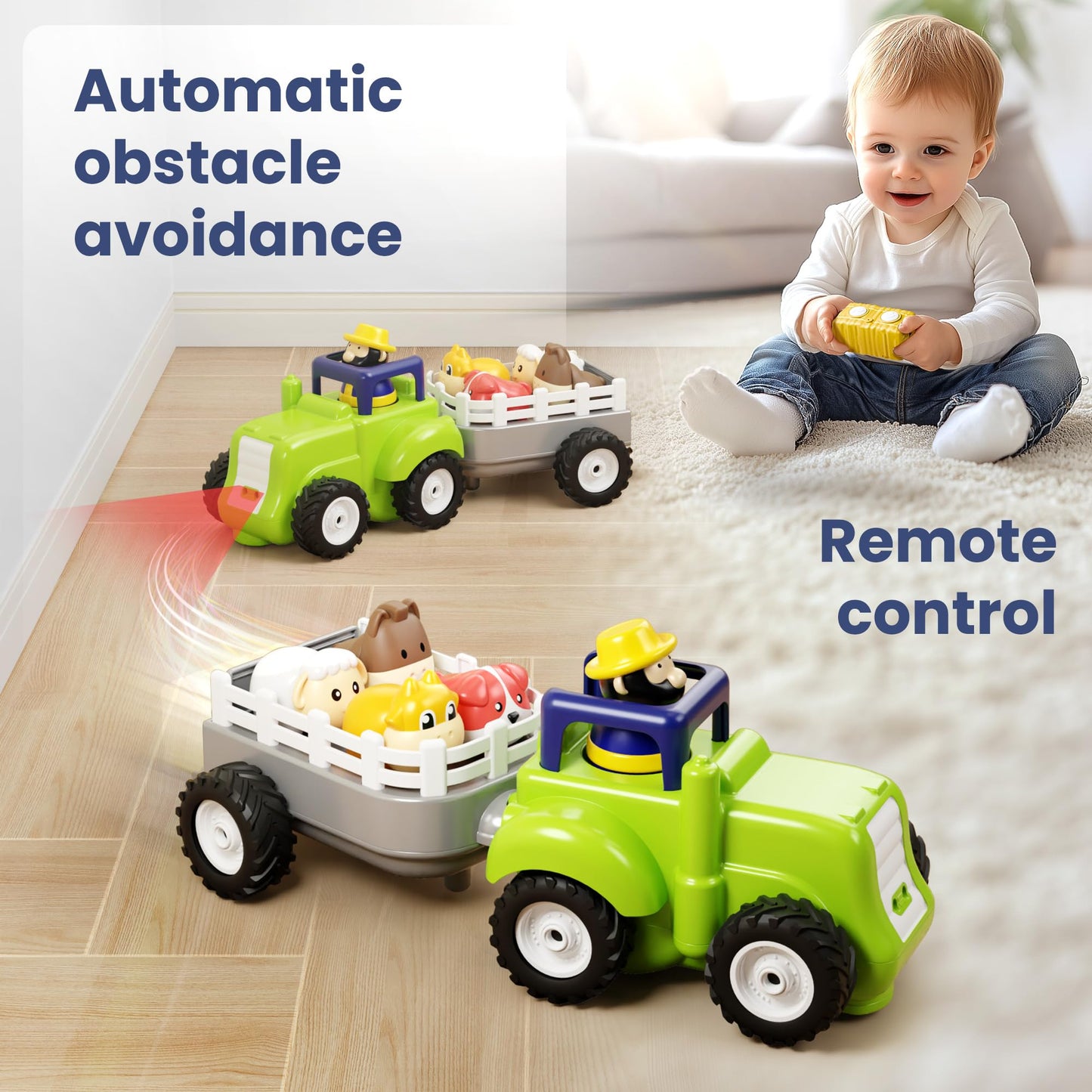 iPlay, iLearn Baby Farm Tractor Toy – Remote Control Truck with Music & Animal Trailer, Fun RC Toy for 18M-4 Year Old Boys & Girls, Easter Birthday Gift