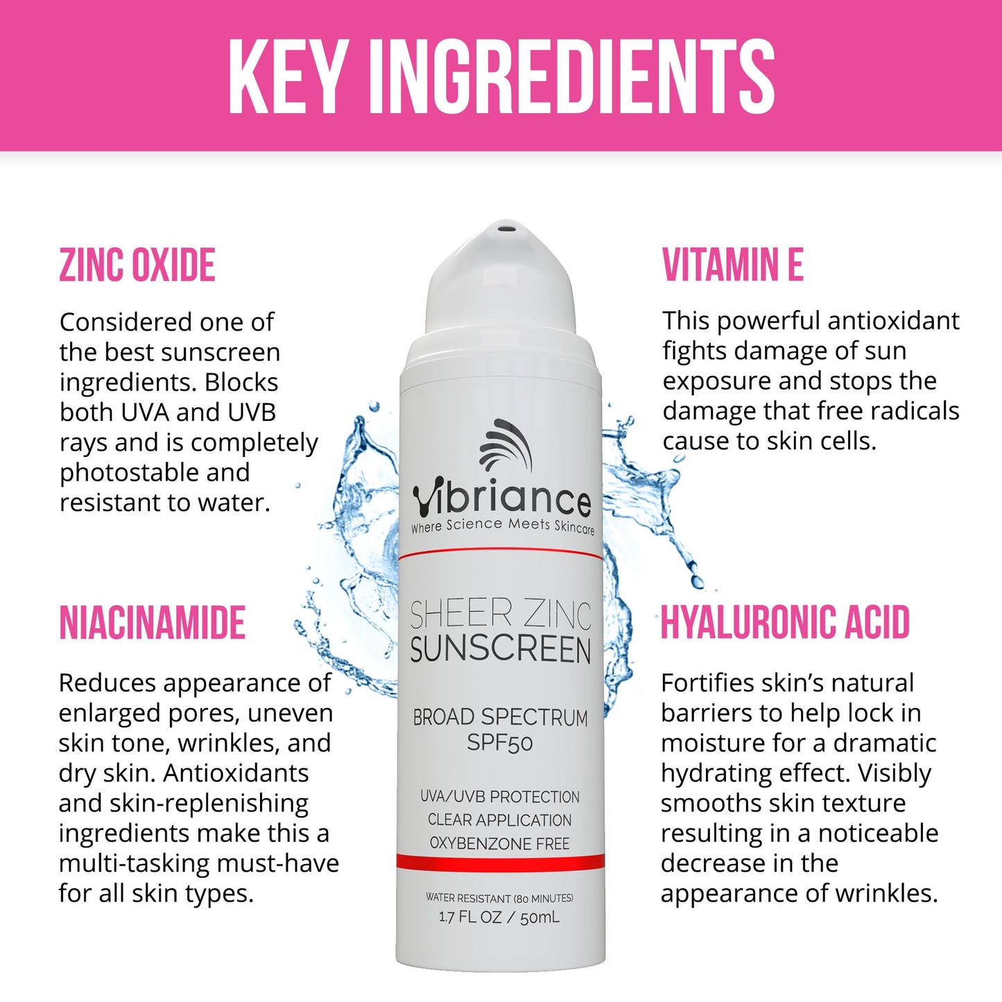 Vibriance Sheer Zinc Sunscreen - Tinted Sunscreen for Face SPF 50, Lightweight Facial Moisturizer with Niacinamide, Hyaluronic Acid - 1.7 fl oz