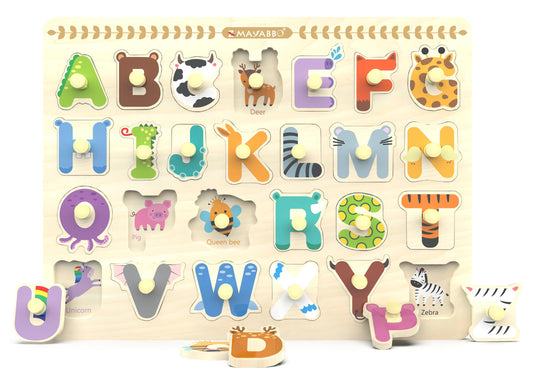 Wooden Peg Puzzle for Toddlers, Alphabet Learning Toys, Baby Puzzles Alphabet Board for Kids, Preschool Knob Puzzle for Boys Girls, Chunky ABC Shape Puzzles for 2 3 4 Year Old