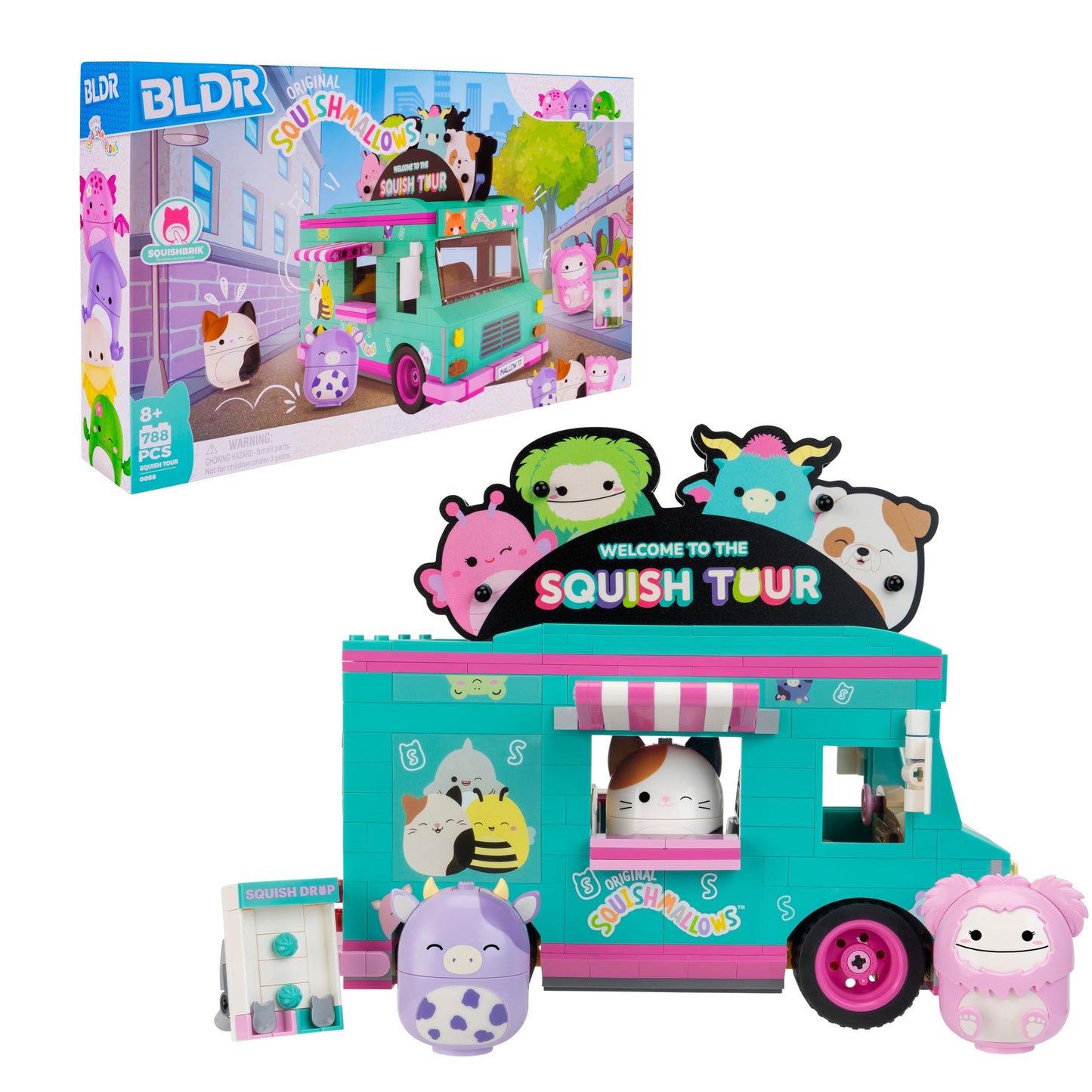 BLDR Squishmallows Squish Tour Van Building Set - Cam The Cat, Bubba The Cow, & Brina The Bigfoot Buildable Figures - Squishmallows Fans 8+, 0098