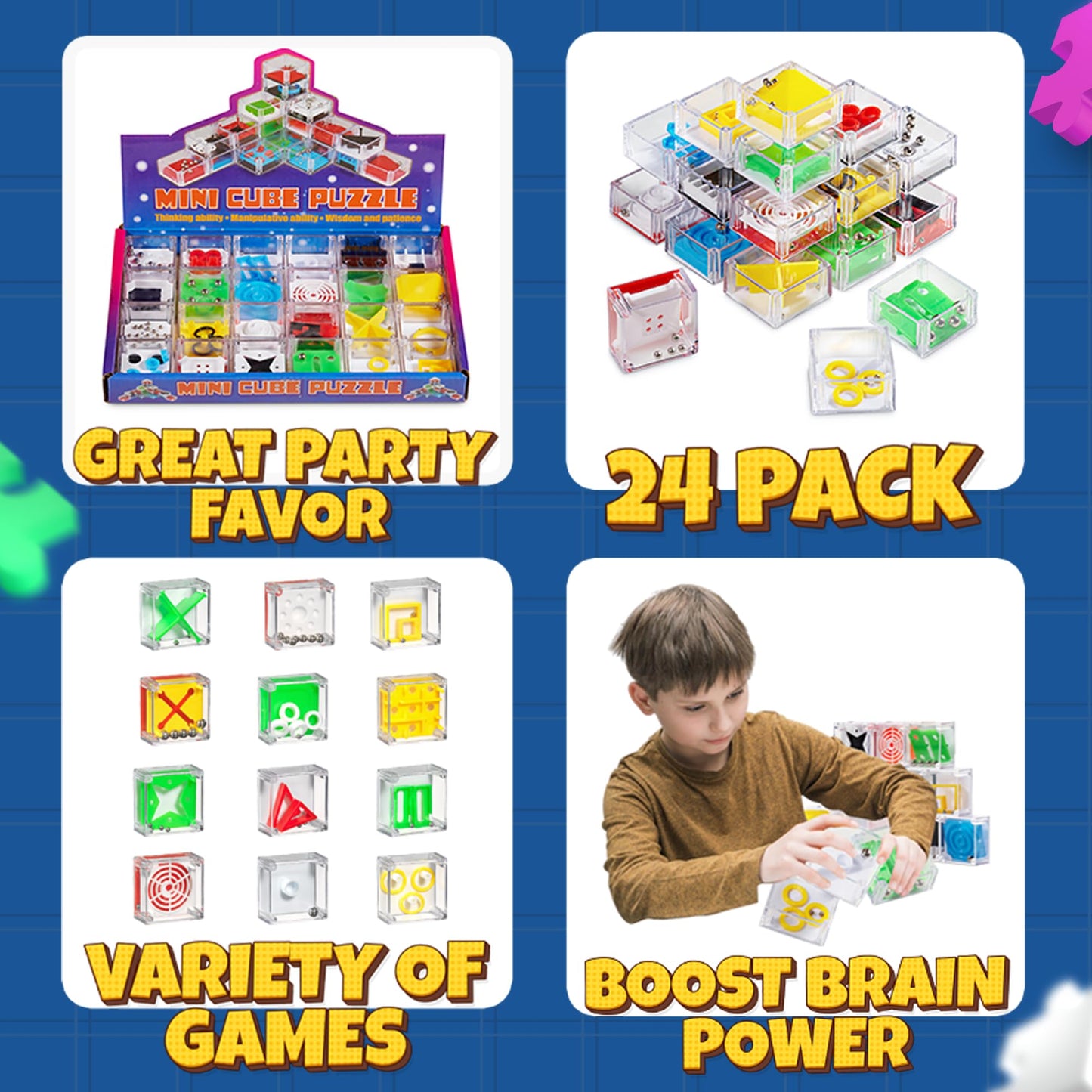 Bedwina Mini Cube Puzzle Box Set – 24-Pack 1.5" 3D Brain Teasers & Mini Maze Balls, IQ Balance Game Party Favors for Kids, Teens & Adults