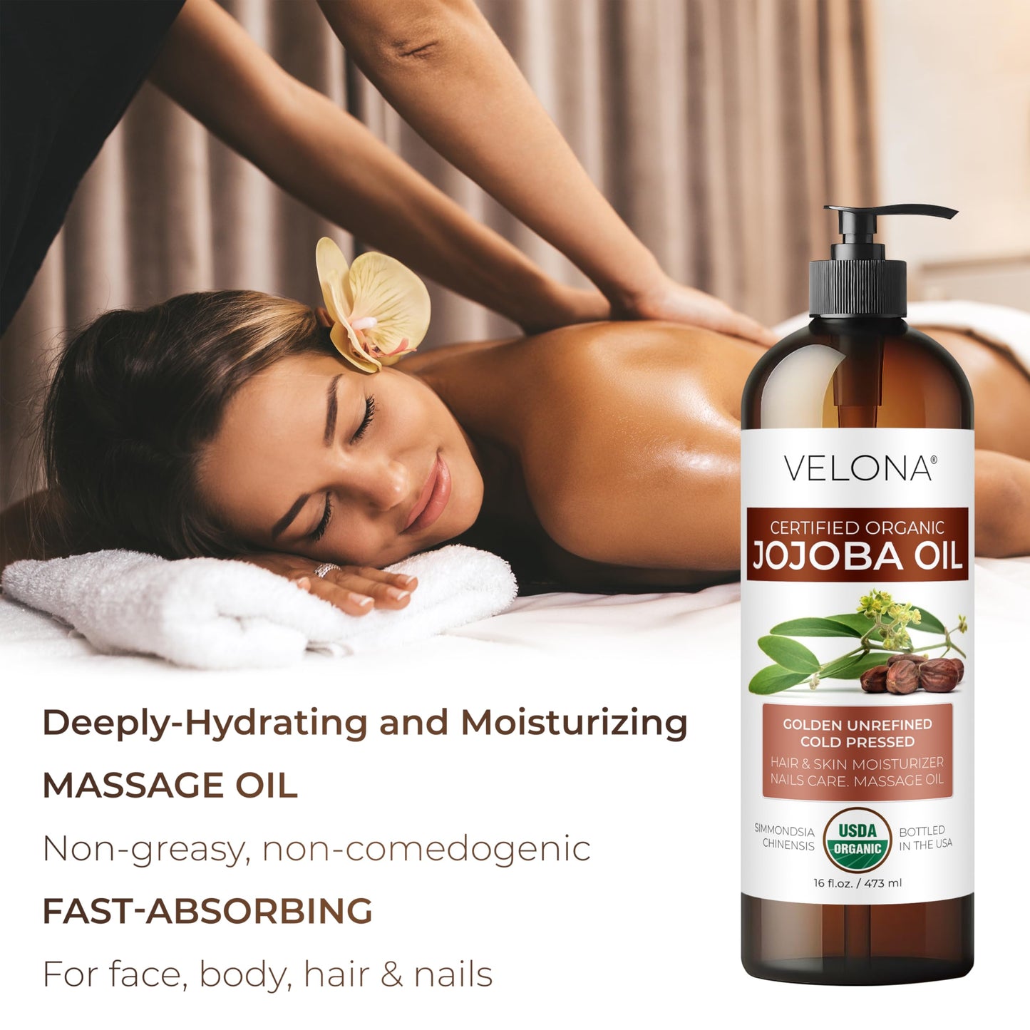 Velona Jojoba Oil 16 fl oz with Pump - 100% Pure Organic, Cold-Pressed, Hexane-Free, Unrefined Golden Oil for Face, Hair & Body Care