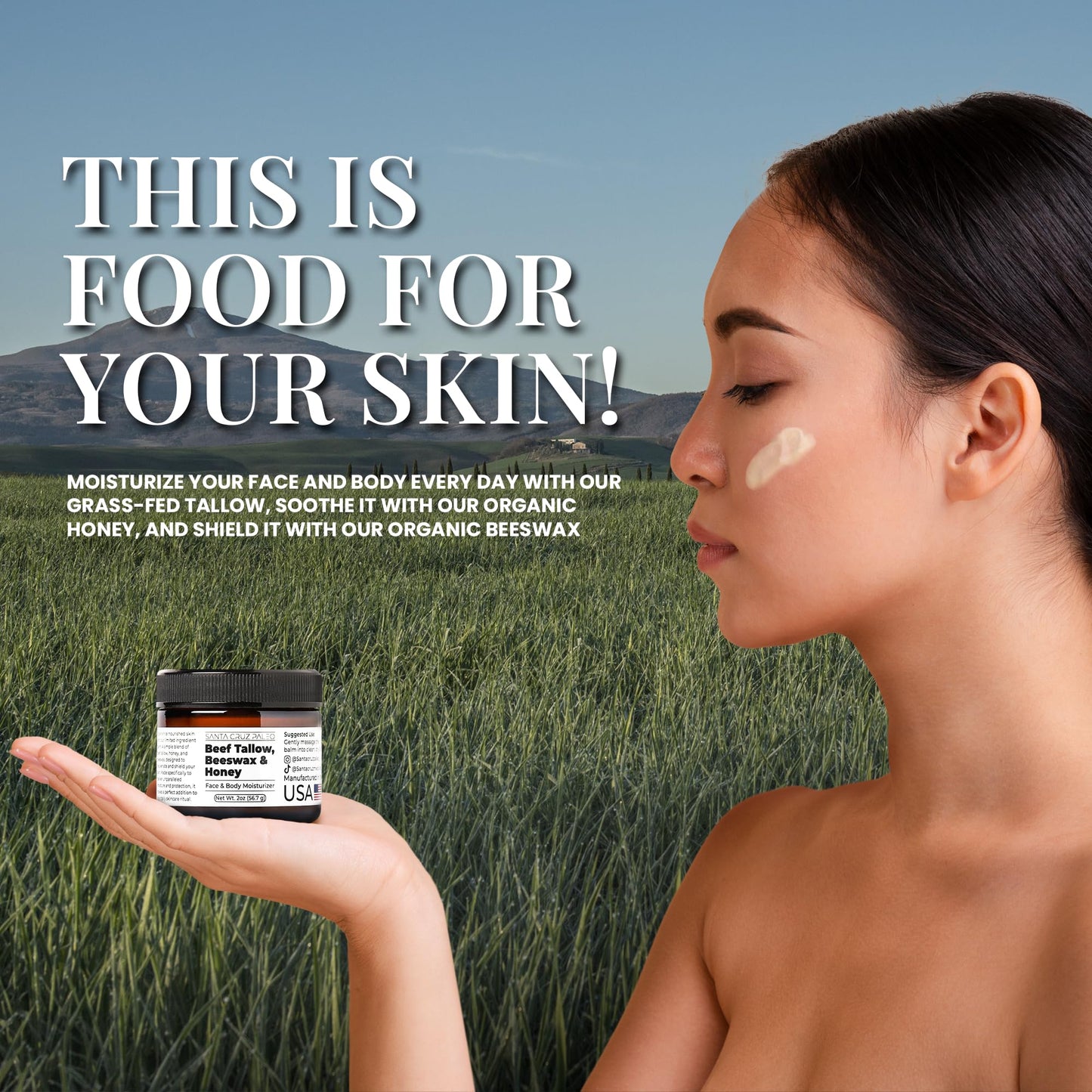 Santa Cruz Paleo Beef Tallow & Honey Balm – Grass-Fed Moisturizer for Face & Body, Organic Beeswax & Honey, Light Scent, 2oz