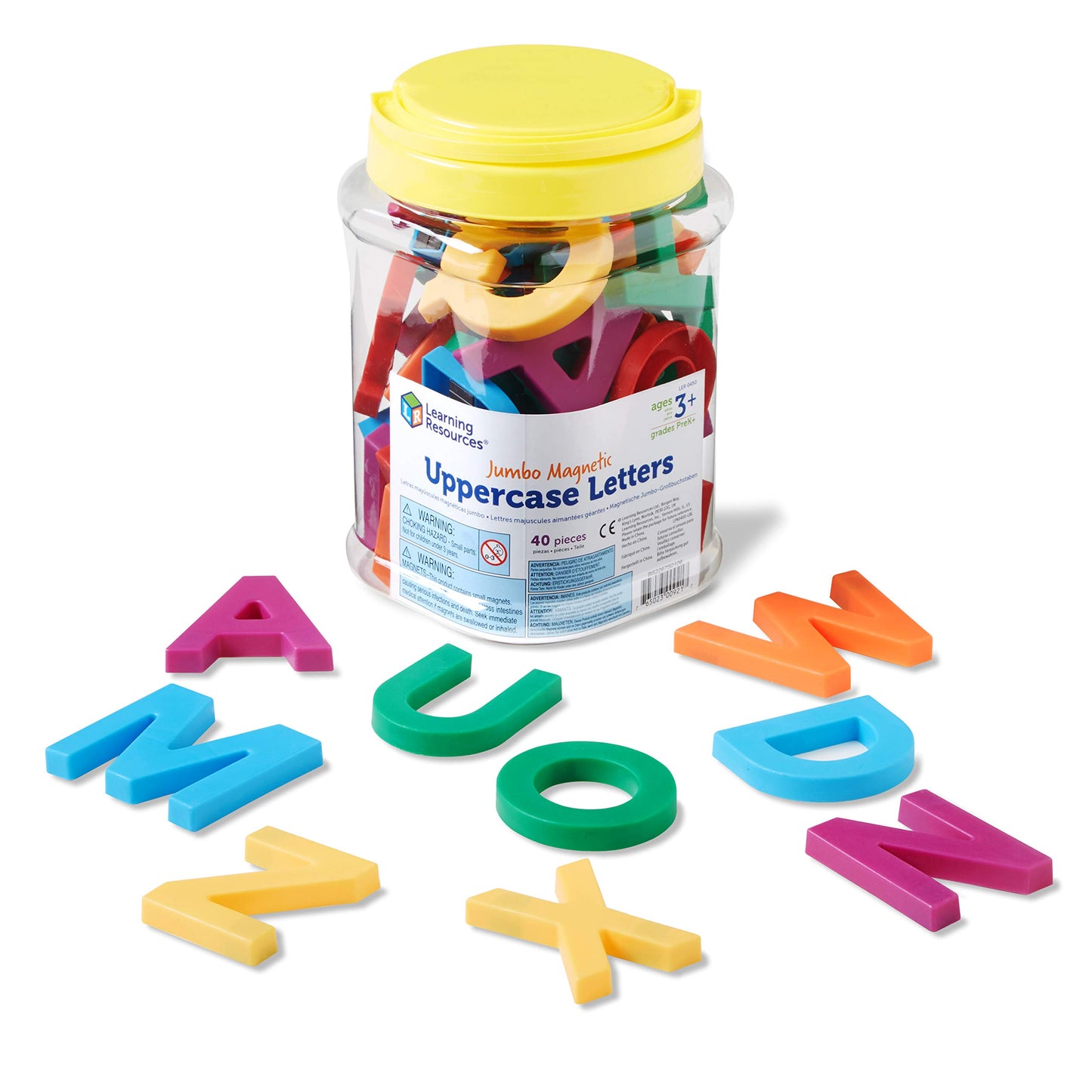 Colorful magnetic uppercase letters with a container labeled 'Jumbo Magnet Uppercase Letters' on a white background.