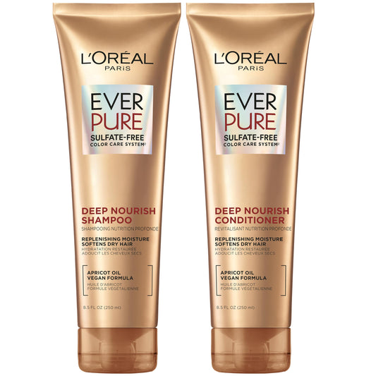 L'Oreal Paris EverPure Sulfate-Free Shampoo & Conditioner Set | Triple Action Hydration with Apricot Oil | For Dry, Brittle & Color-Treated Hair, 8.5 Fl Oz Each
