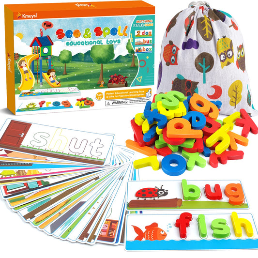 KMUYSL See & Spell CVC Word Builder Toy for Kids 3-6 – Alphabet Cards & Preschool Learning Activities – Educational Birthday Gift