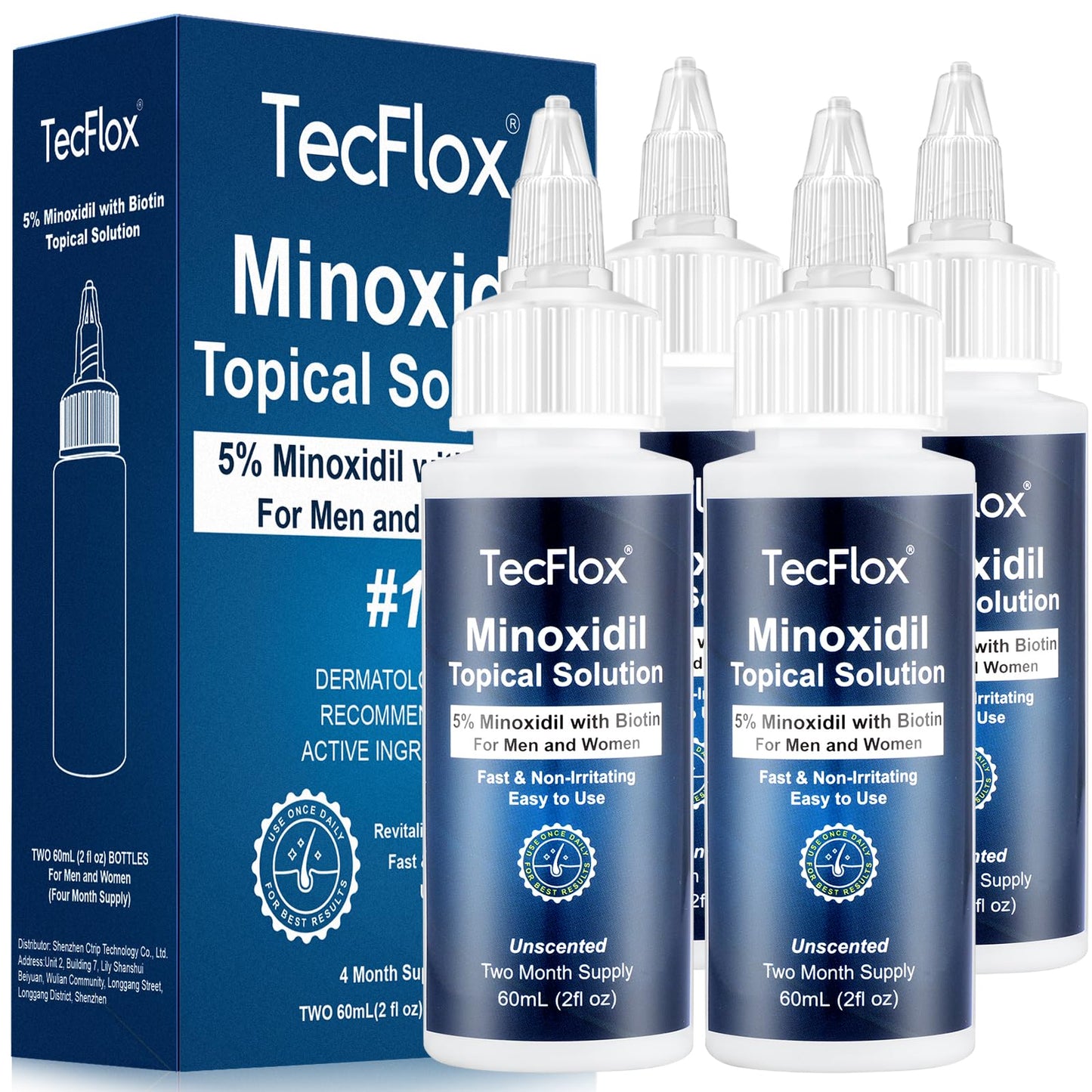 Tecflox 5% Minoxidil Hair Growth Serum with Biotin – For Men & Women, Beard & Scalp Treatment, 4-Pack (8 Fl Oz, 8-Month Supply, White)