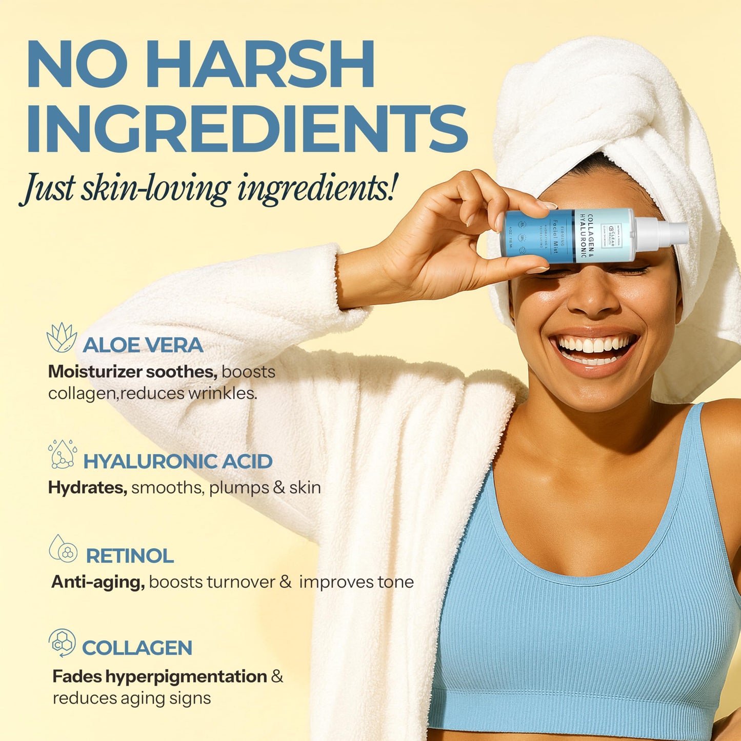 Clear Beauty Hyaluronic Acid & Collagen Face Mist – Moisturizes, Tones & Anti-Aging, 95% Natural, Cruelty-Free, All Skin Types, 4 oz