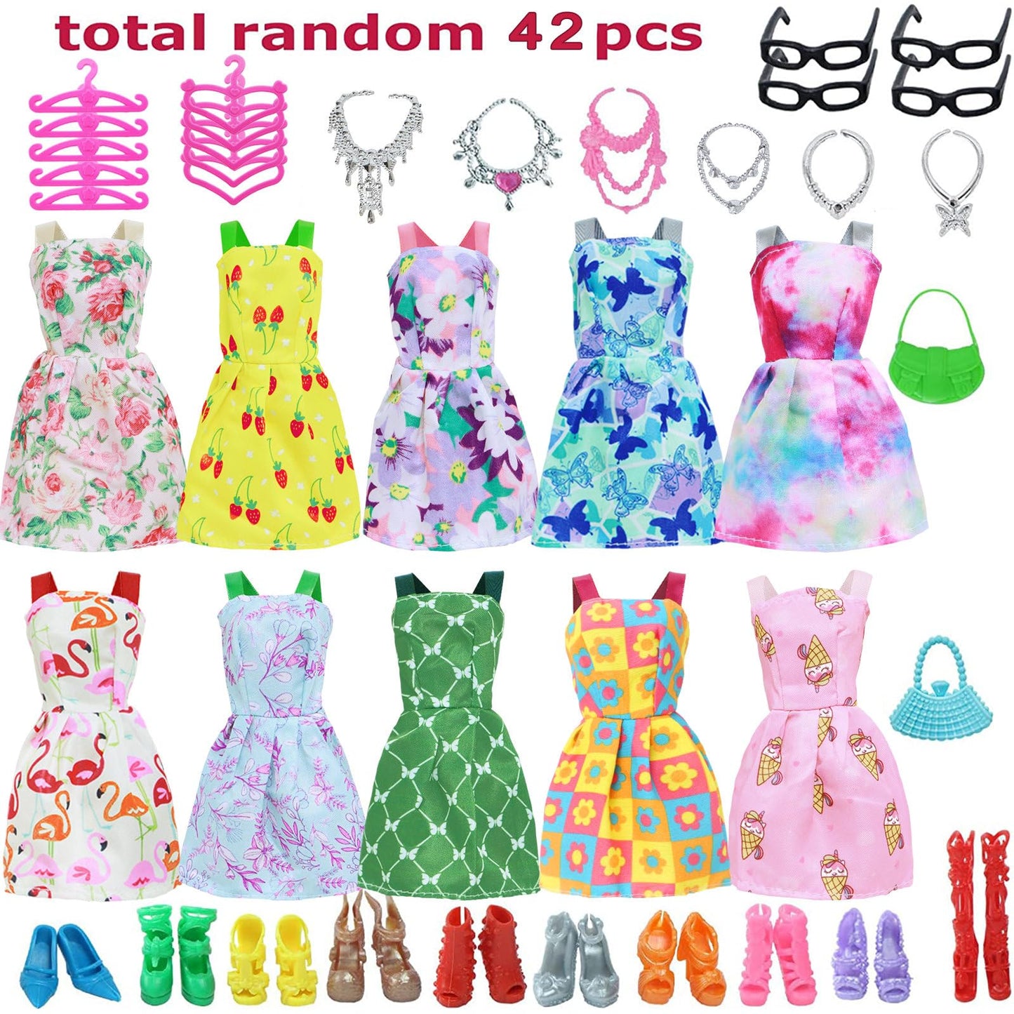 BJDBUS 42-Pc Doll Clothes & Accessories Set for 11.5" Dolls – 10 Mini Dresses, 32 Shoes, Glasses, Necklaces, Handbags & Hangers